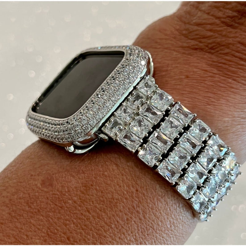 Custom Apple Watch Band Woman Baguette & Radiant Cut Swarovski Crystals Silver and or Apple Watch Cover Lab Diamond Bezel 38mm-49mm - 45mm