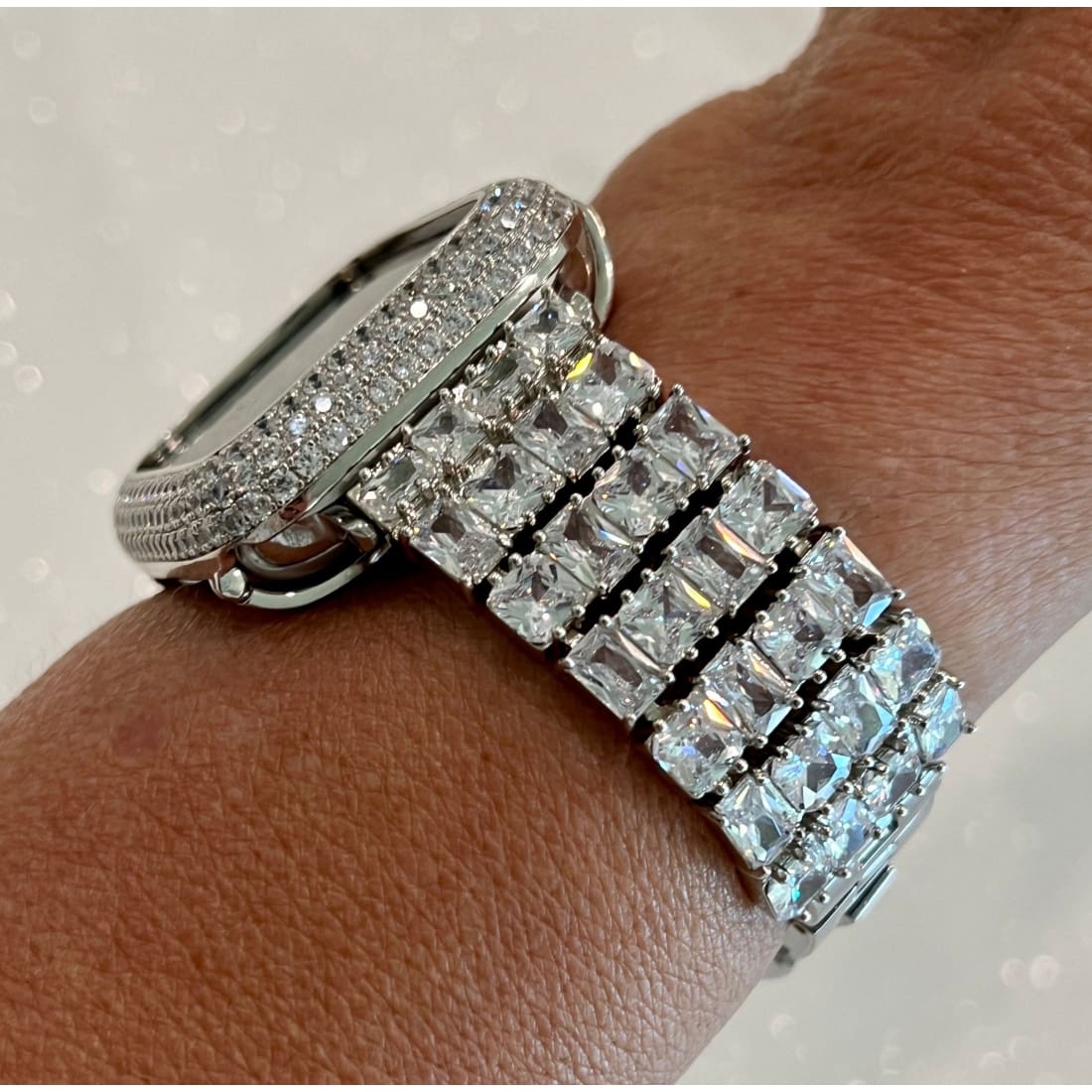 Custom Apple Watch Band Woman Baguette & Radiant Cut Swarovski Crystals Silver and or Apple Watch Cover Lab Diamond Bezel 38mm-49mm - 45mm