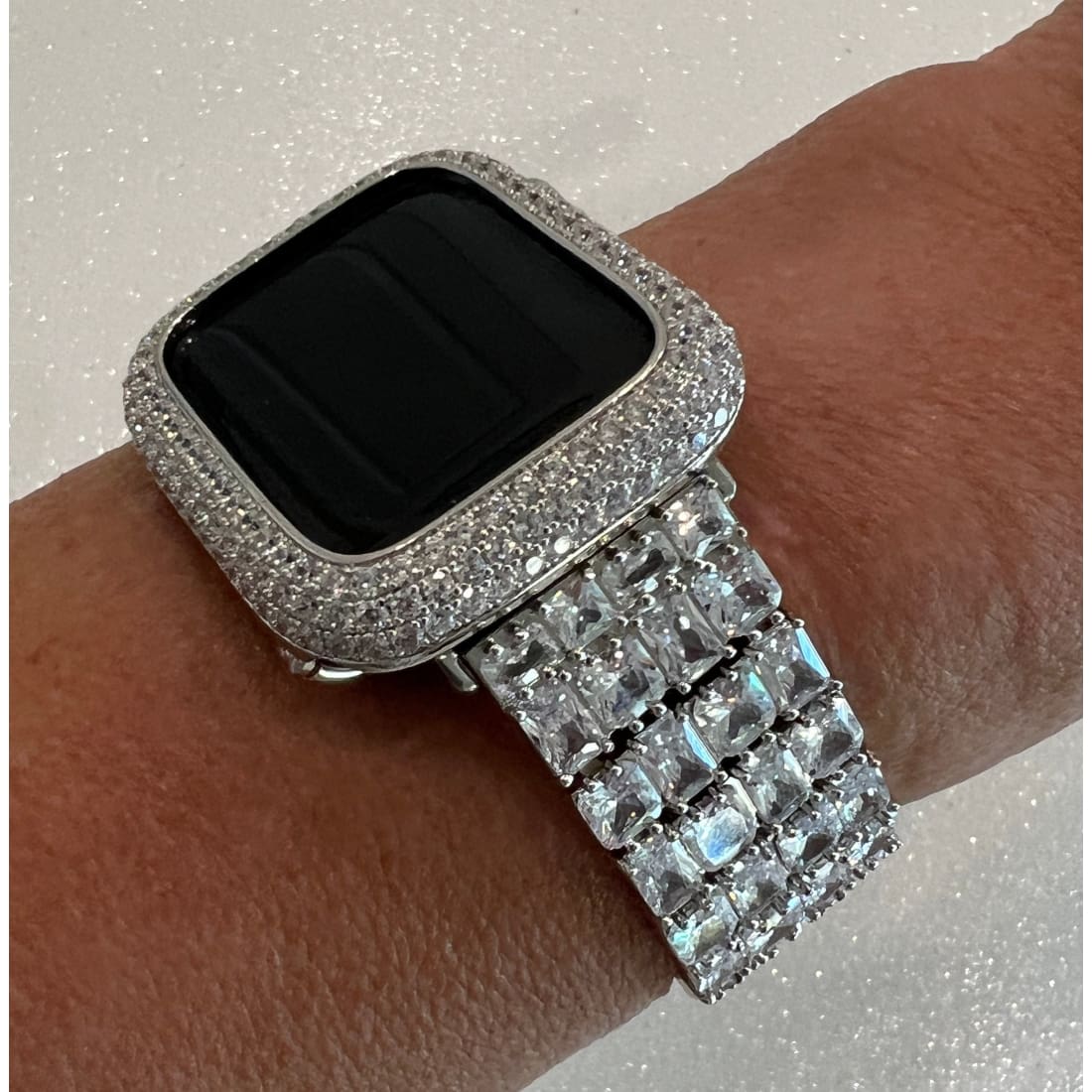 Custom Apple Watch Band Woman Baguette & Radiant Cut Swarovski Crystals Silver and or Apple Watch Cover Lab Diamond Bezel 38mm-49mm - 45mm