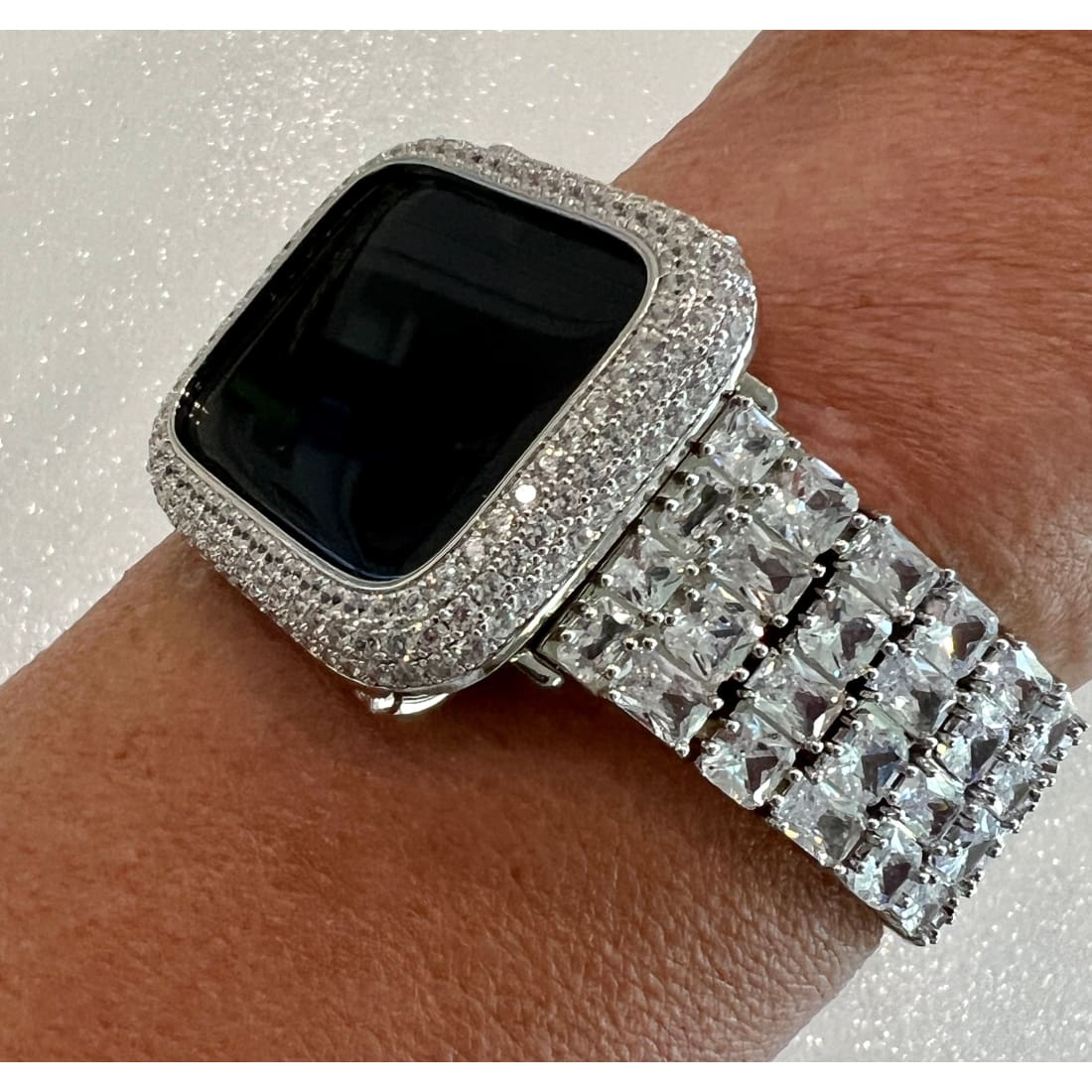 Custom Apple Watch Band Woman Baguette & Radiant Cut Swarovski Crystals Silver and or Apple Watch Cover Lab Diamond Bezel 38mm-49mm - 45mm