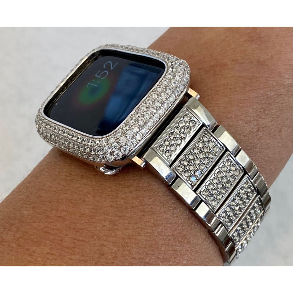 Designer Apple Watch Band Silver 38mm 40mm 41mm 42mm 44mm 45mm 49mm Ultra Swarovski Crystal or Apple Watch Cover Lab Diamond Bezel Bling 49mm