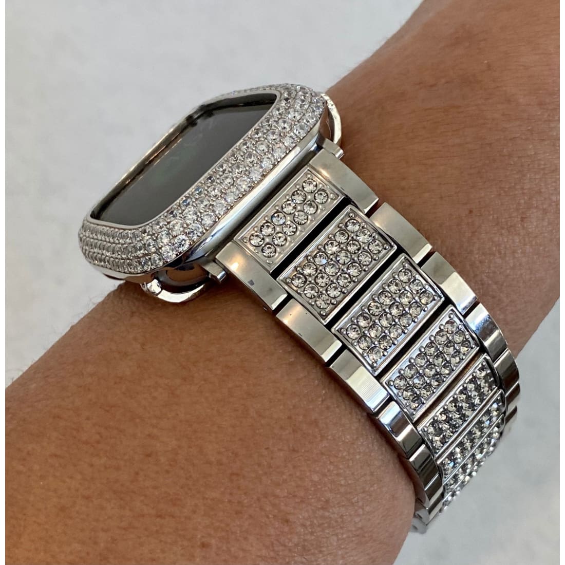 Designer Apple Watch Band Silver 38mm 40mm 41mm 42mm 44mm 45mm 49mm Ultra Swarovski Crystal & or Apple Watch Cover Lab Diamond Bezel Bling -