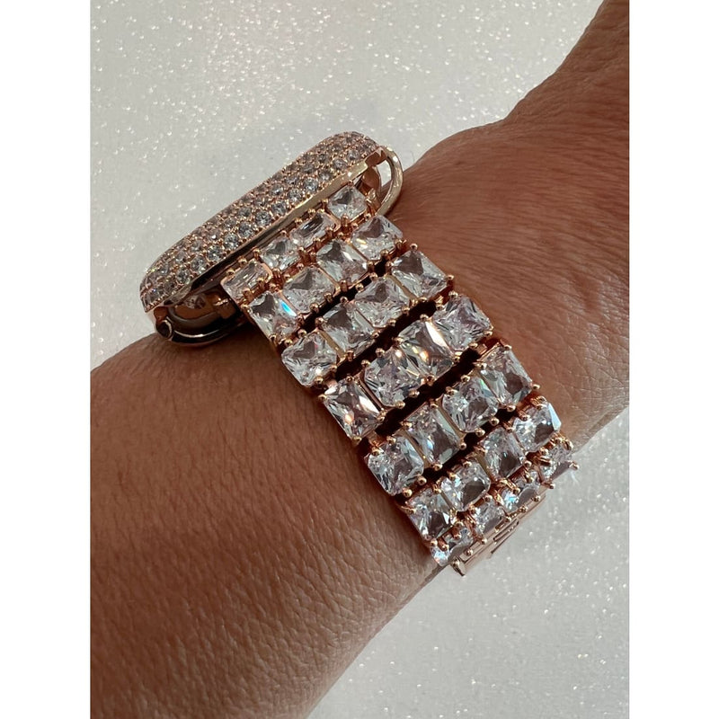 Designer Apple Watch Band Woman Baguette & Radiant Cut Swarovski Crystals Rose Gold and or Apple Watch Cover Lab Diamond Bezel 38mm-49mm -