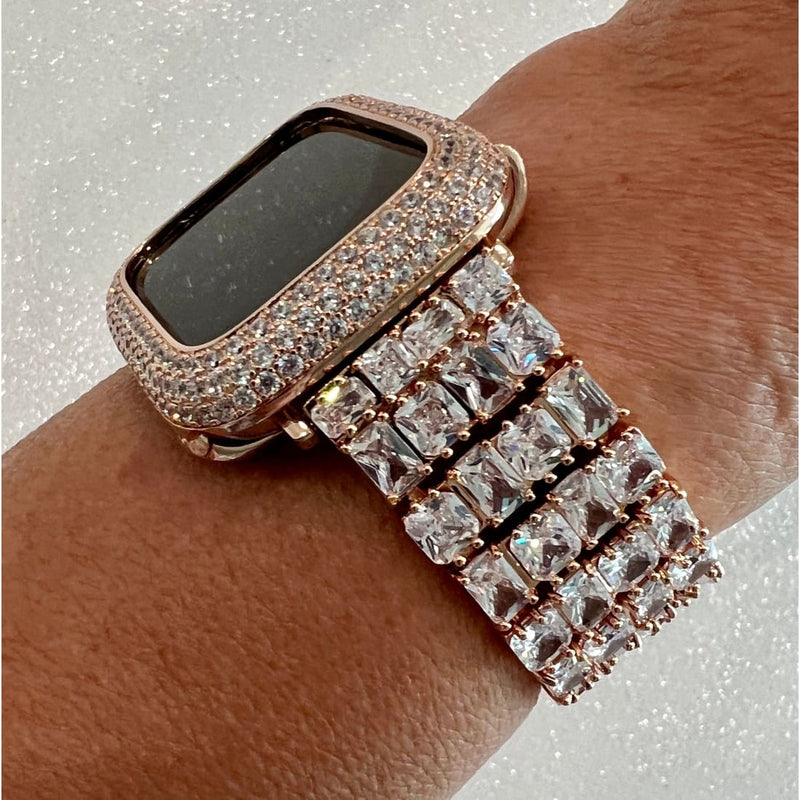 Designer Apple Watch Band Woman Baguette & Radiant Cut Swarovski Crystals Rose Gold and or Apple Watch Cover Lab Diamond Bezel 38mm-49mm -