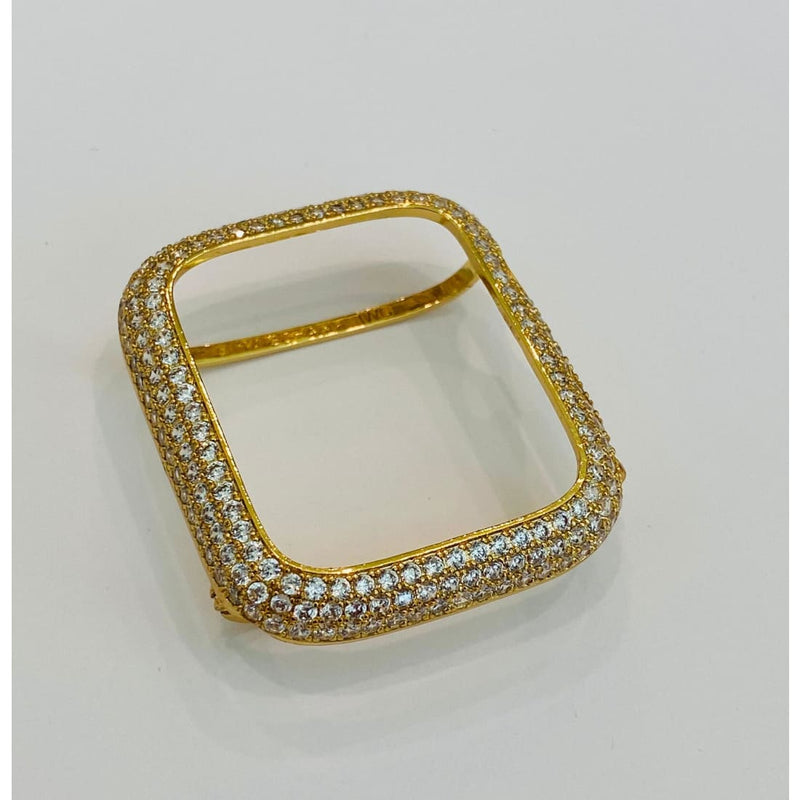 Designer Apple Watch Band Woman Baguette & Radiant Cut Swarovski Crystals Yellow Gold and or Apple Watch Cover Lab Diamond Bezel 38mm-49mm -