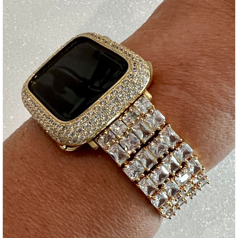 Designer Apple Watch Band Woman Baguette & Radiant Cut Swarovski Crystals Yellow Gold and or Apple Watch Cover Lab Diamond Bezel 38mm-49mm -