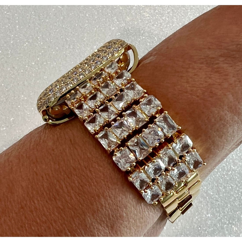 Designer Apple Watch Band Woman Baguette & Radiant Cut Swarovski Crystals Yellow Gold and or Apple Watch Cover Lab Diamond Bezel 38mm-49mm -
