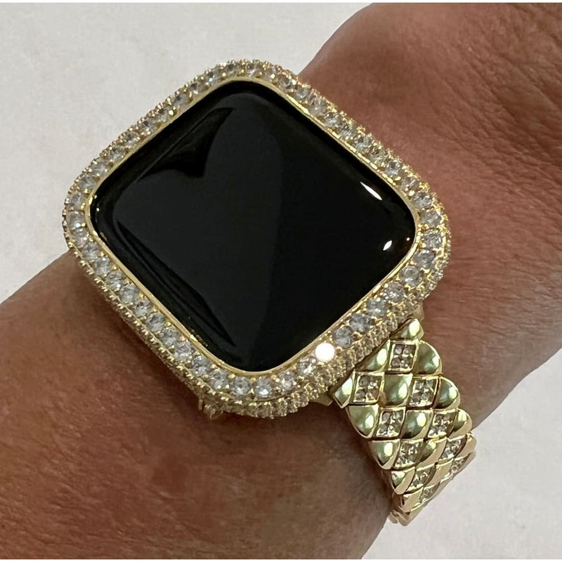 Gold Apple Watch Band 41mm 45mm 49mm Ultra Swarovski Crystals & or Apple Watch Cover Lab Diamond Bezel Case Smartwatch Bling 38mm-49mm -