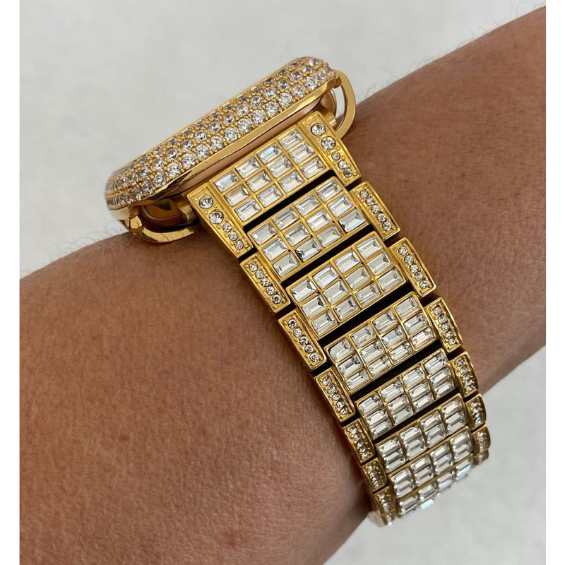 Gold Apple Watch Band 45mm Swarovski Crystal Baguettes & or Apple Watch Cover Lab Diamond Bezel Case Bling 38mm-49mm Ultra S1-8 - 45mm apple