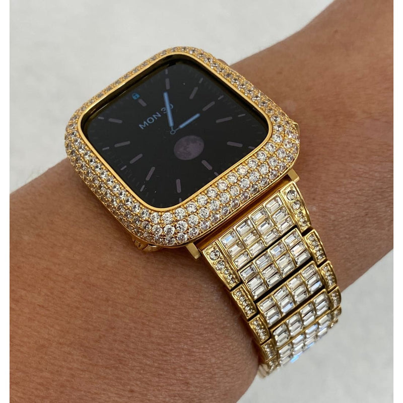 Gold Apple Watch Band 45mm Swarovski Crystal Baguettes & or Apple Watch Cover Lab Diamond Bezel Case Bling 38mm-49mm Ultra S1-8 - 45mm apple