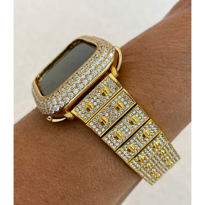 Gold Apple Watch Band Series 1-8 SE Swarovski Crystal 38mm 40mm 41mm 42mm 44mm 45mm & or Pave Lab Diamond Bezel Cover Bling for Smartwatch -