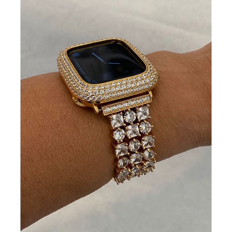 Gold Apple Watch Band Swarovski Crystals 38mm-49mm Ultra & or Apple Watch Cover Lab Diamond Bezel Case Smartwatch Bumper Bling Series 8 -