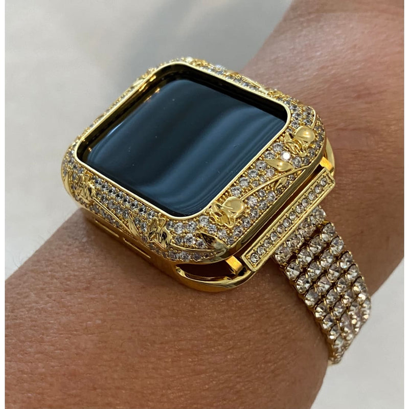Gold Apple Watch Band Women CZ & or Crystal Floral Bezel Cover 38mm 40mm 42mm 44mm - Apple AirTag Holder, apple watch, apple watch band,