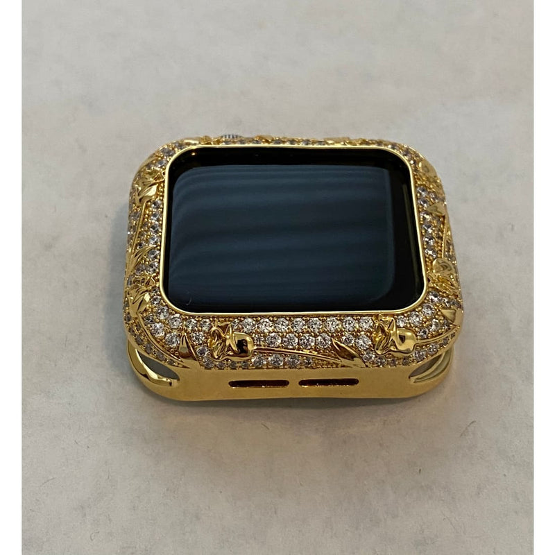 Gold Apple Watch Band Women CZ & or Crystal Floral Bezel Cover 38mm 40mm 42mm 44mm - Apple AirTag Holder, apple watch, apple watch band,
