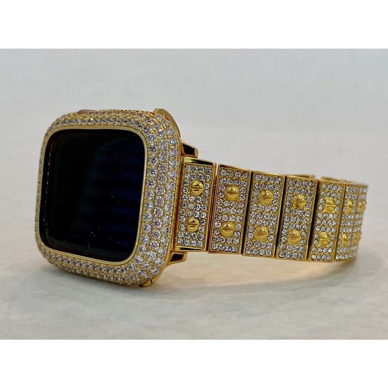 Gold Apple Watch Series 7-8 Band 41mm 44mm Swarovski Crystals & or Yellow Gold Lab Diamond Bezel Cover 38mm-44mm - apple watch, apple watch