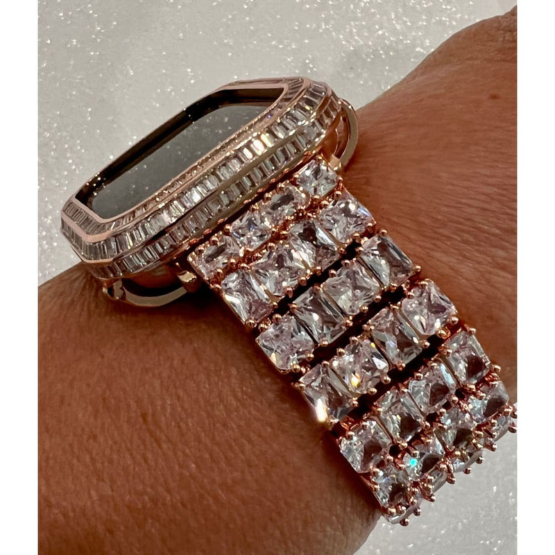 High End Designer Apple Watch Band Woman 40 41 44 45mm Rose Gold Baguette Swarovski Crystals & or Apple Watch Cover Lab Diamond Bezel Case -