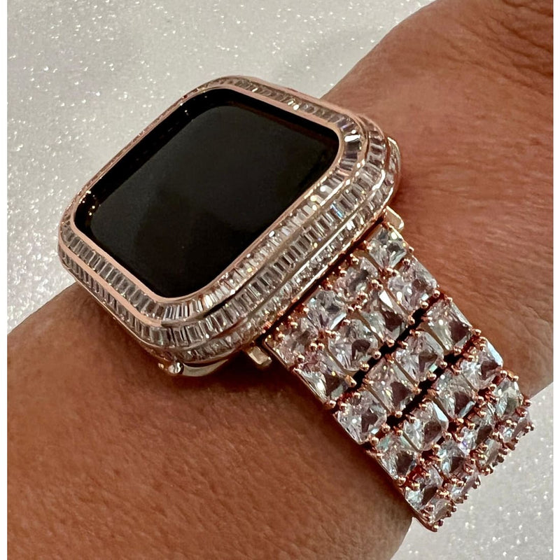 High End Designer Apple Watch Band Woman 40 41 44 45mm Rose Gold Baguette Swarovski Crystals & or Apple Watch Cover Lab Diamond Bezel Case -