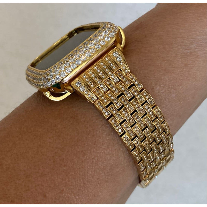 Iced Out Gold Apple Watch Band 38mm 40mm 42mm 44mm and or Apple Watch Bezel Lab Diamond Cover Iwatch Bling 41mm 45mm 49mm Ultra - apple