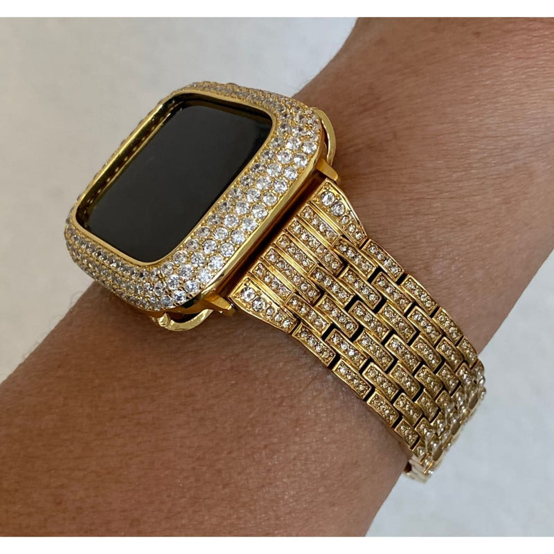 Iced Out Gold Apple Watch Band 38mm 40mm 42mm 44mm and or Apple Watch Bezel Lab Diamond Cover Iwatch Bling 41mm 45mm 49mm Ultra - apple