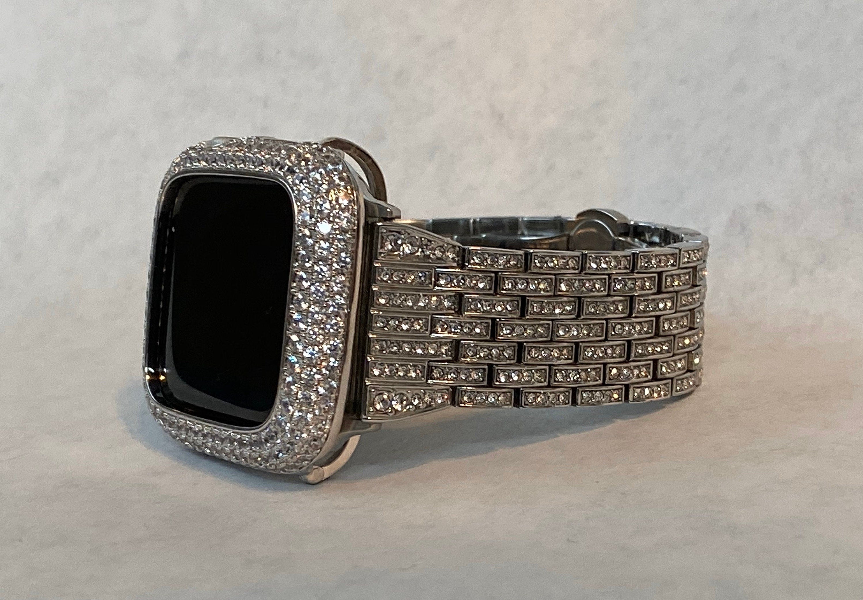 Apple Watch Band 41mm 45mm 49mm Ultra Silver Swarovski Crystals & or Apple Watch Cover Lab Diamond Bezel Bling 38mm-49mm Series 10-11