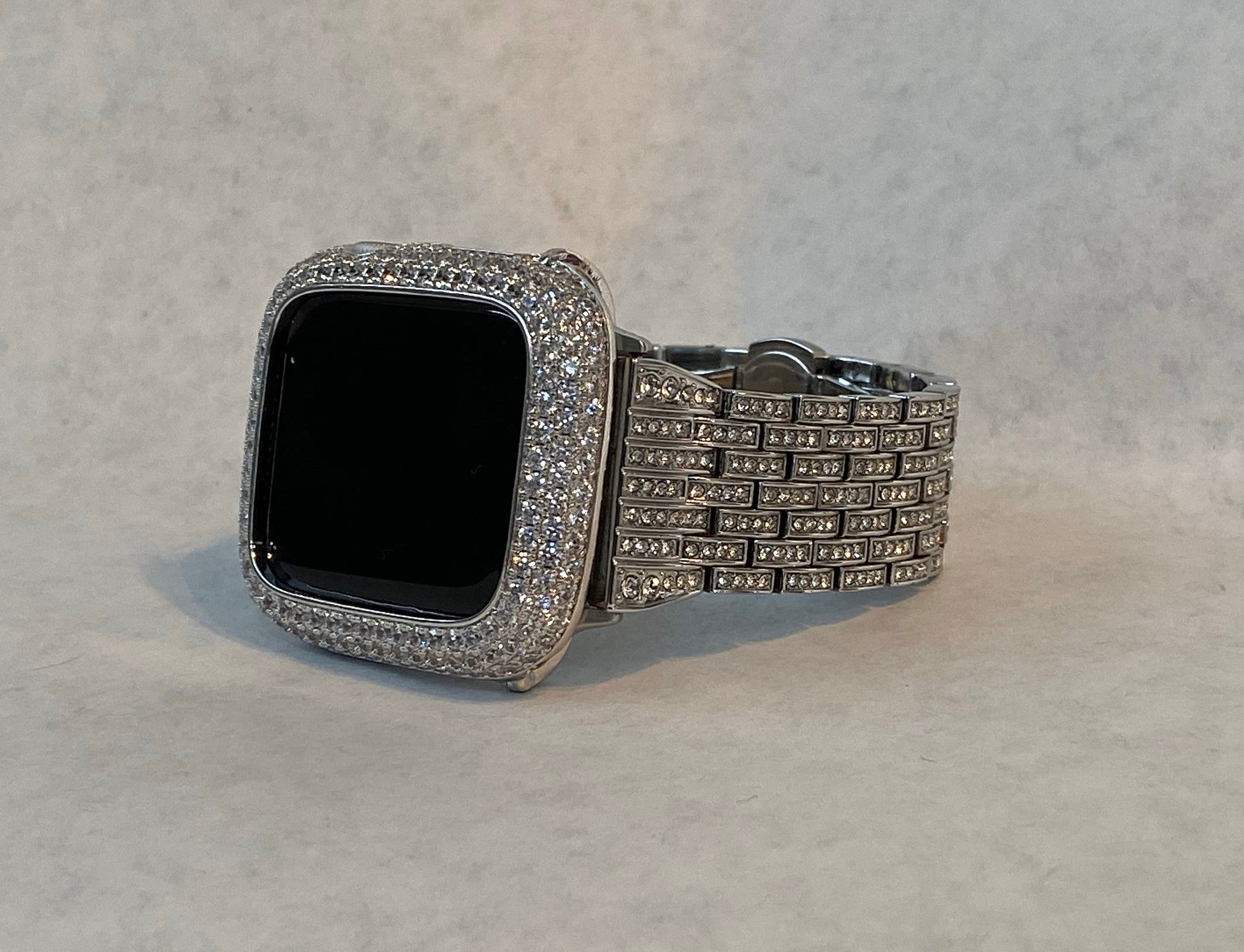 Apple Watch Band 41mm 45mm 49mm Ultra Silver Swarovski Crystals & or Apple Watch Cover Lab Diamond Bezel Bling 38mm-49mm Series 10