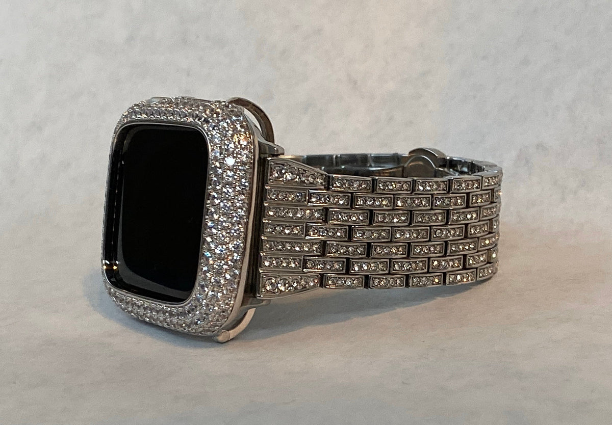 Series 10-11 Apple Watch Band Silver Stainless Steel Swarovski Crystals & or Apple Watch Case Lab Diamond Bezel Bling Iphone Watch Cover