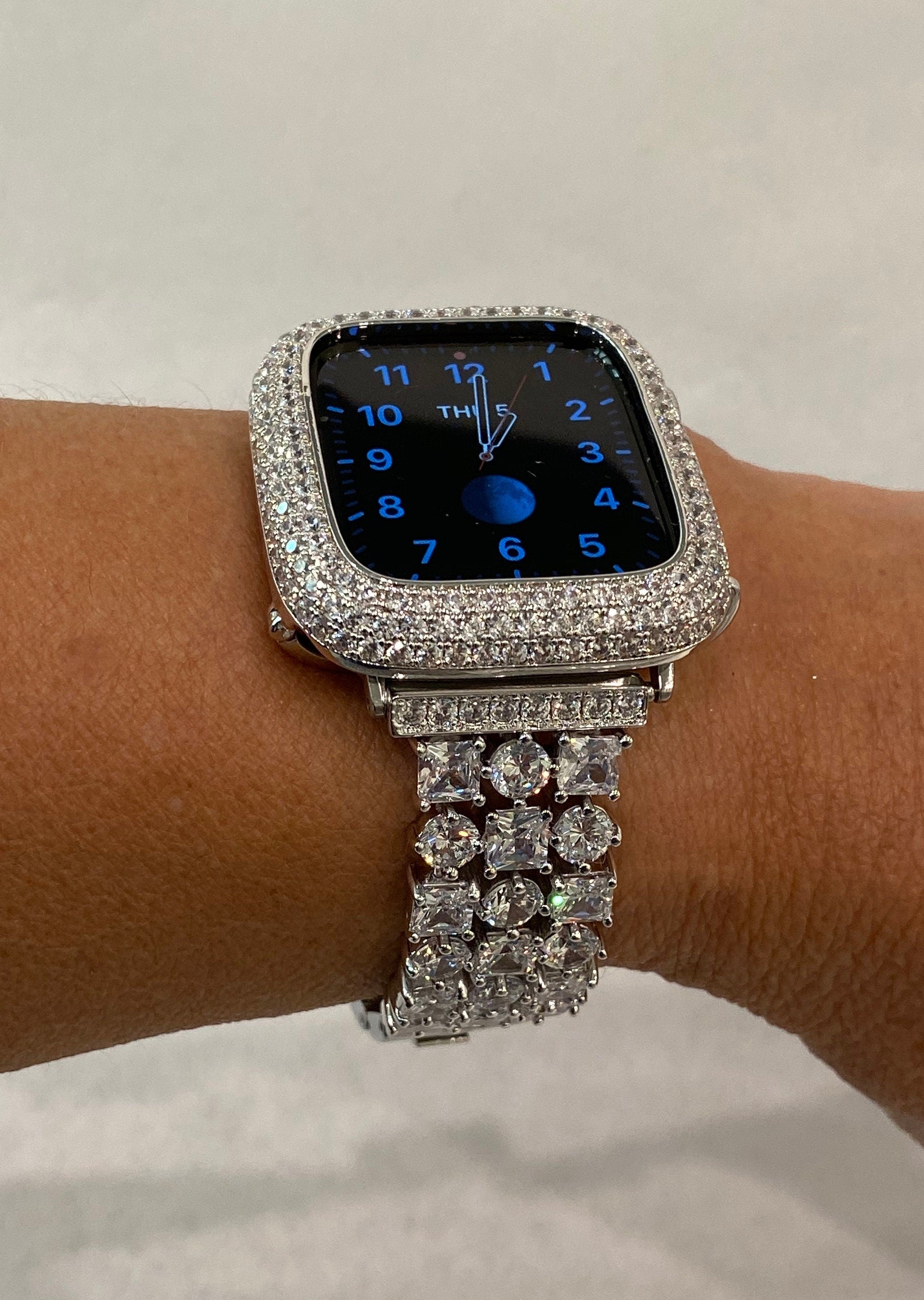 Series 9 Apple Watch Band Woman Silver and or Apple Watch Cover Lab Diamond Bezel Bling 38mm 40mm 41mm42mm 44mm 45mm 49mm Ultra
