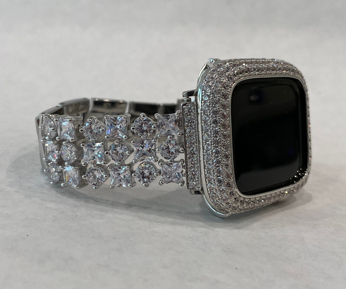 Series 2-11 Apple Watch Band 41mm 45mm 49mm Ultra Swarovski Crystals & or Lab Diamond Bezel Apple Watch Case Bumper Smartwatch Bling Silver