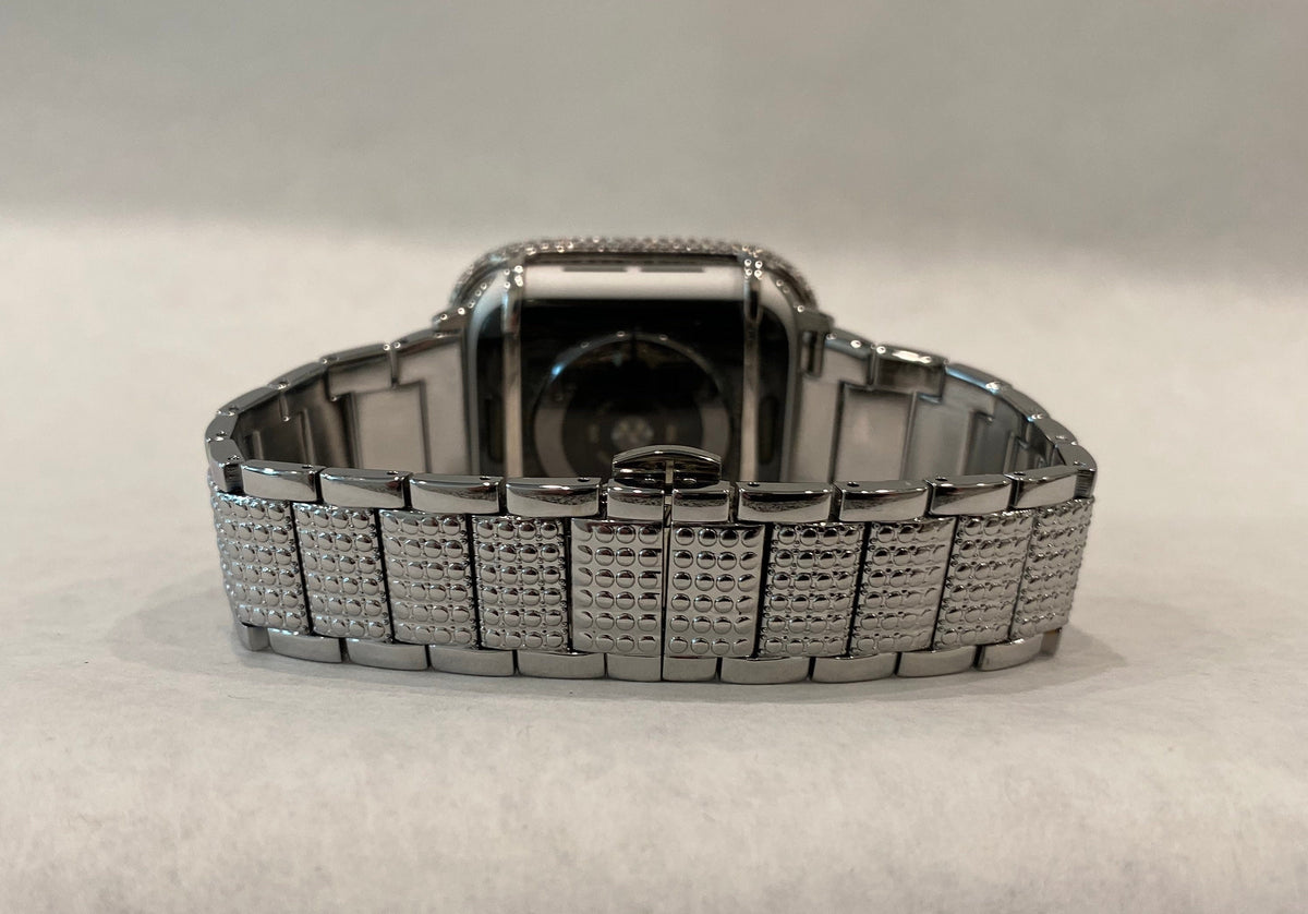 Series 10-11 Apple Watch Band Silver Stainless Steel Swarovski Crystals & or Apple Watch Cover 2.5mm Lab Diamond Bezel Iwatch Case 38mm-49mm