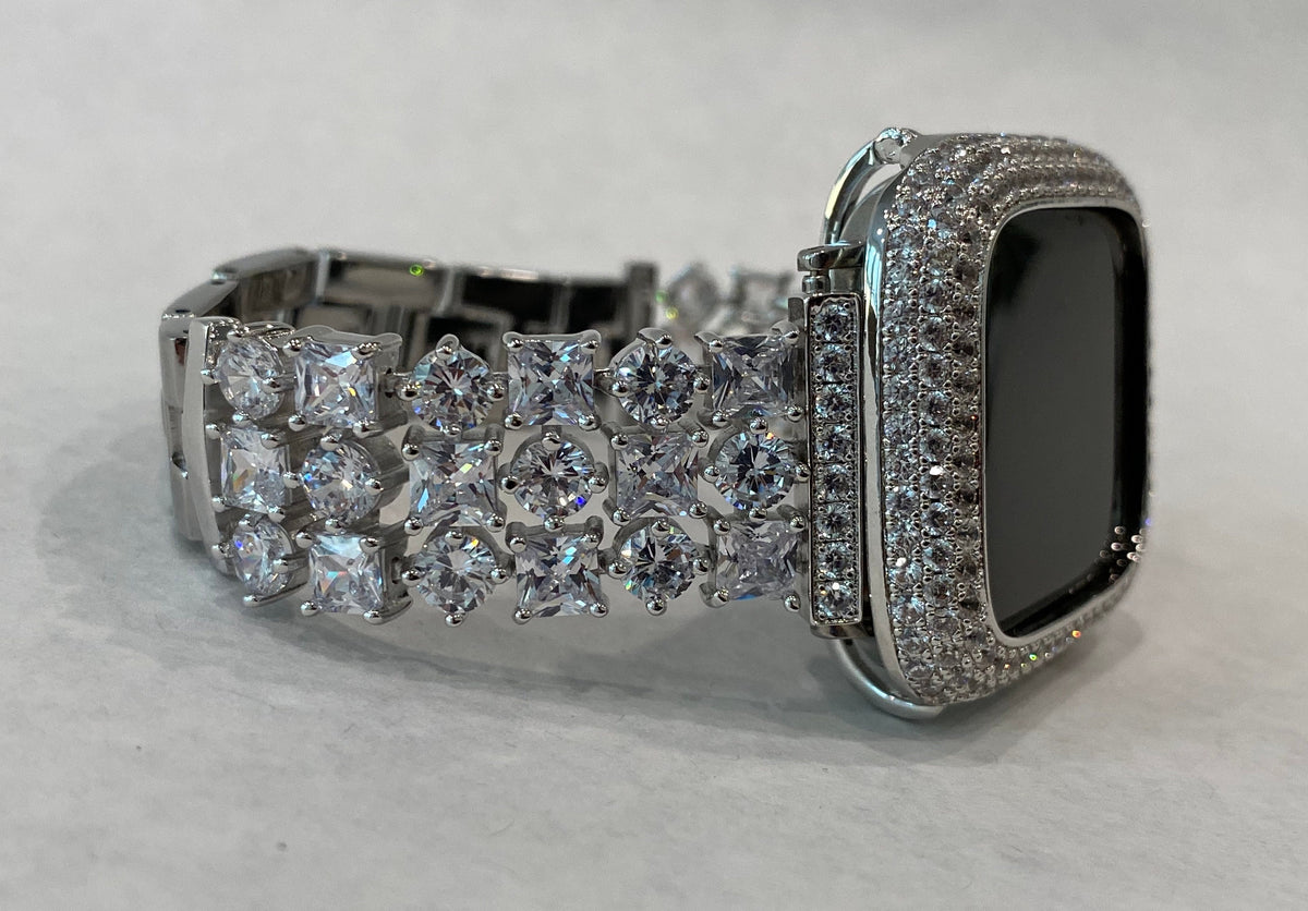 Series 12 Apple Watch Band Woman Silver Swarovski Crystals & or Apple Watch Cover Lab Diamond Bezel 38mm 40mm 41mm 42mm 44mm 46mm 45mm 49mm