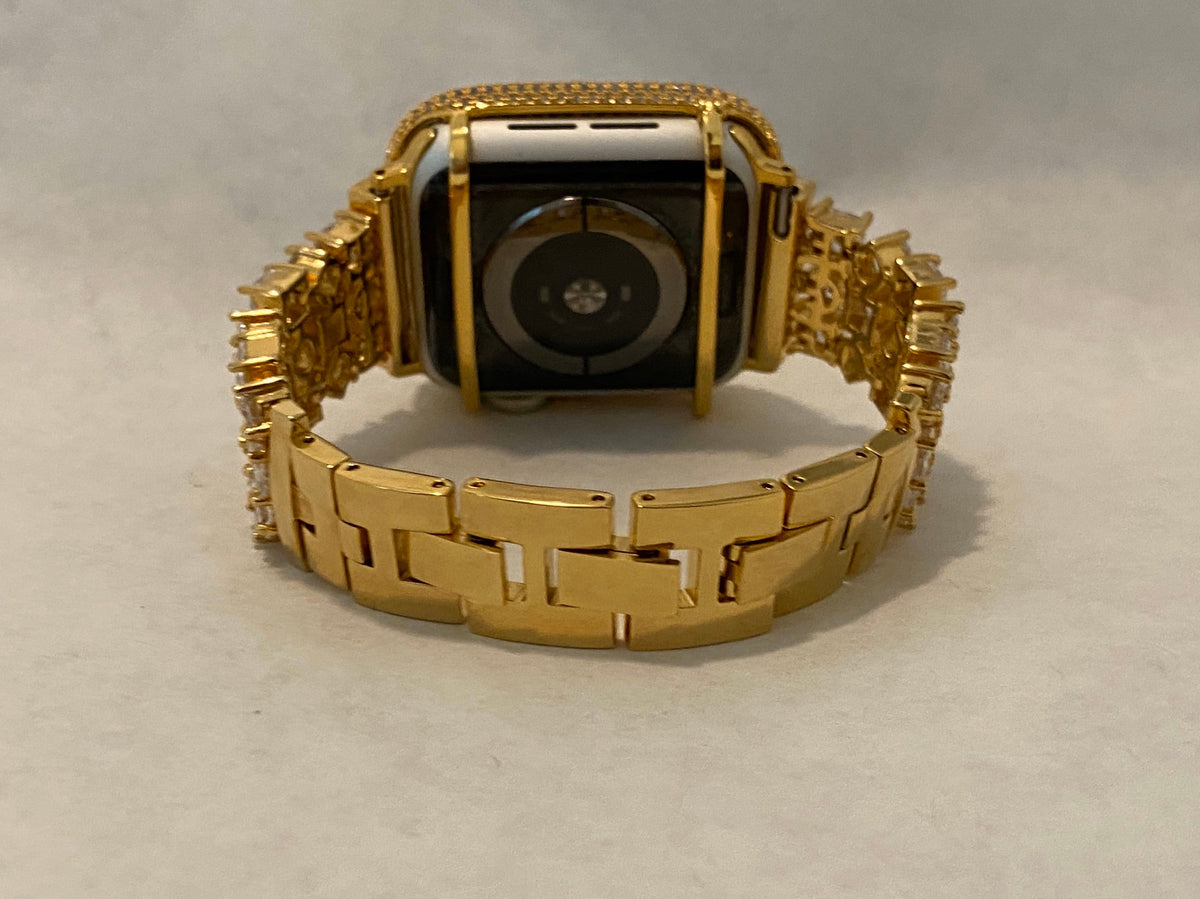 Series 2-9 Apple Watch Band Gold Swarovski Crystals & or Lab Diamond Bezel Cover 38 40 41 42 44 45mm Smartwatch Bumper Bling