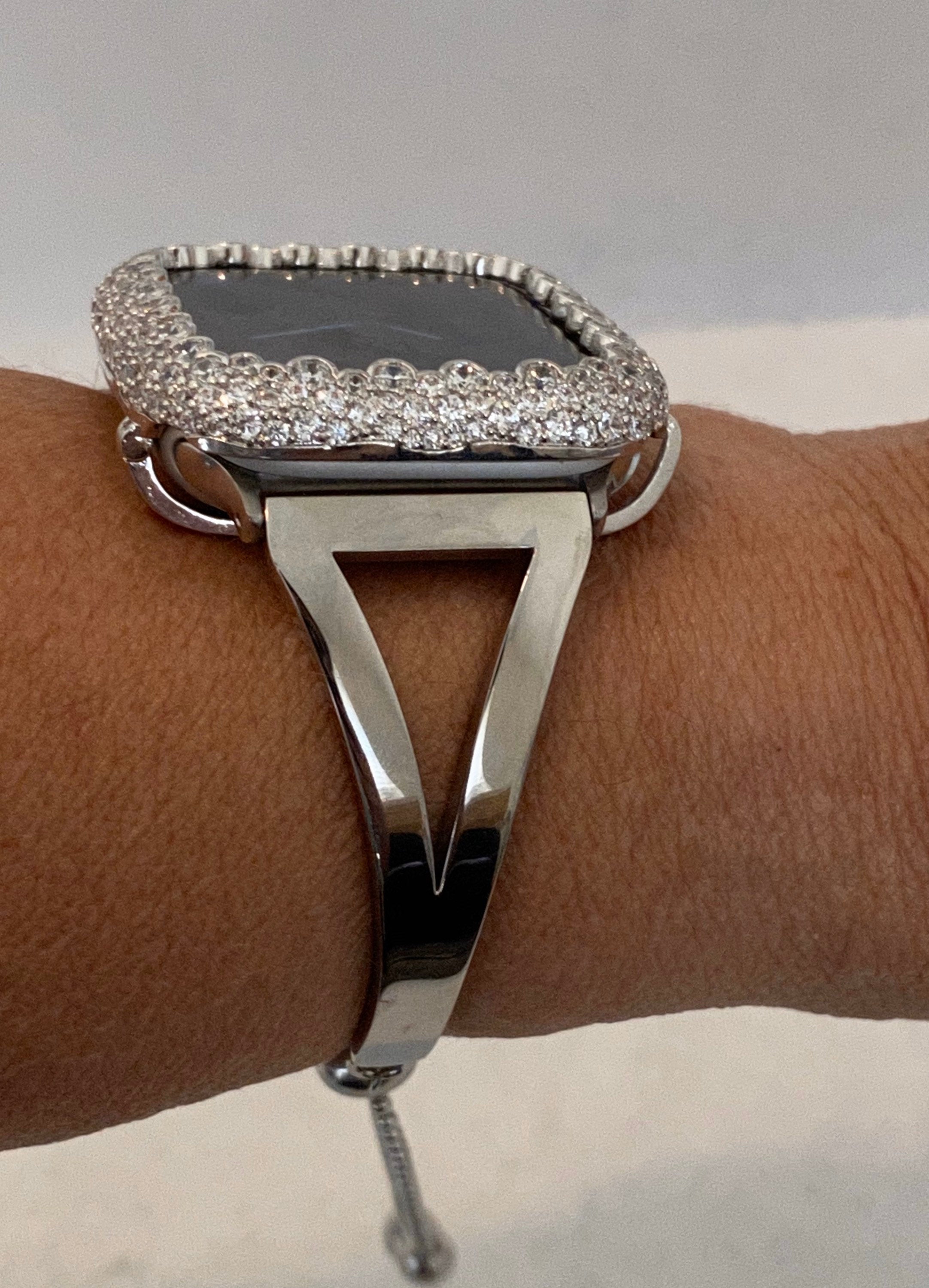 Apple Watch Band Silver Bracelet Bangle and or Apple Watch Cover Lab Diamond Bezel Iwatch Bumper Case sb1
