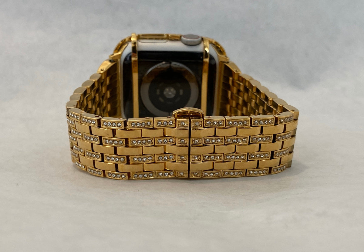 Iced Out Gold Apple Watch Band Stainless Steel Swarovski Crystal & or Apple Watch Case Pave Lab Diamonds 38mm-49mm Ultra Series 10-11