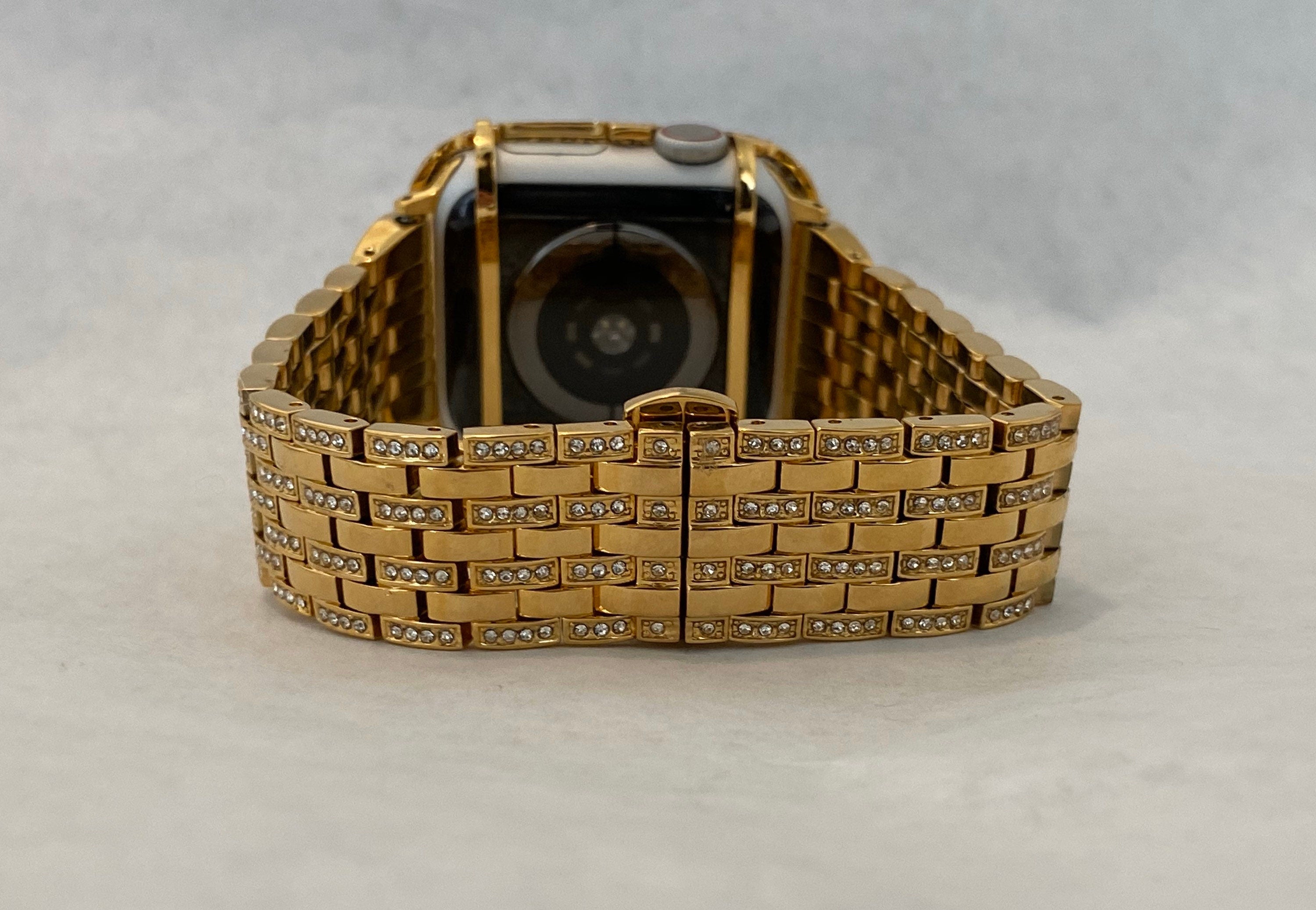 Iced Out Gold Apple Watch Band Stainless Steel Swarovski Crystal & or Apple Watch Case Pave Lab Diamonds 38mm-49mm Ultra Series 10-11
