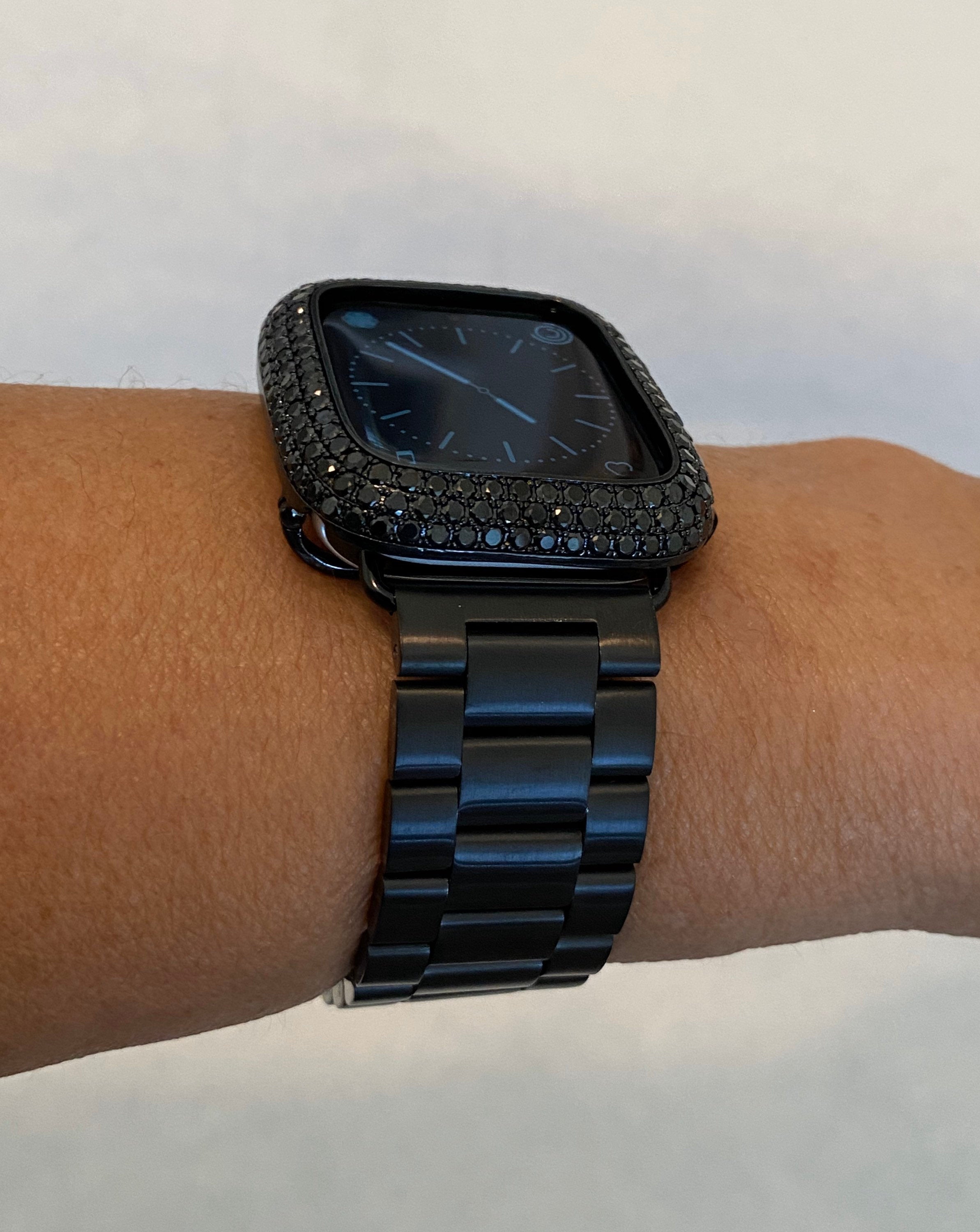 Black Apple Watch Band Stainless Steel & or Apple Watch Cover Lab Diamond Bezel Apple Watch Case 38 40 41 42 44 45 46 49mm Ultra Bling