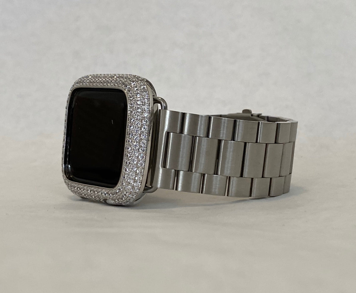 Series 10-11 Apple Watch Band Silver Stainless Steel 38mm-49mm Ultra & or Apple Watch Case Lab Diamond Bezel Iphone Watch Cover Bling