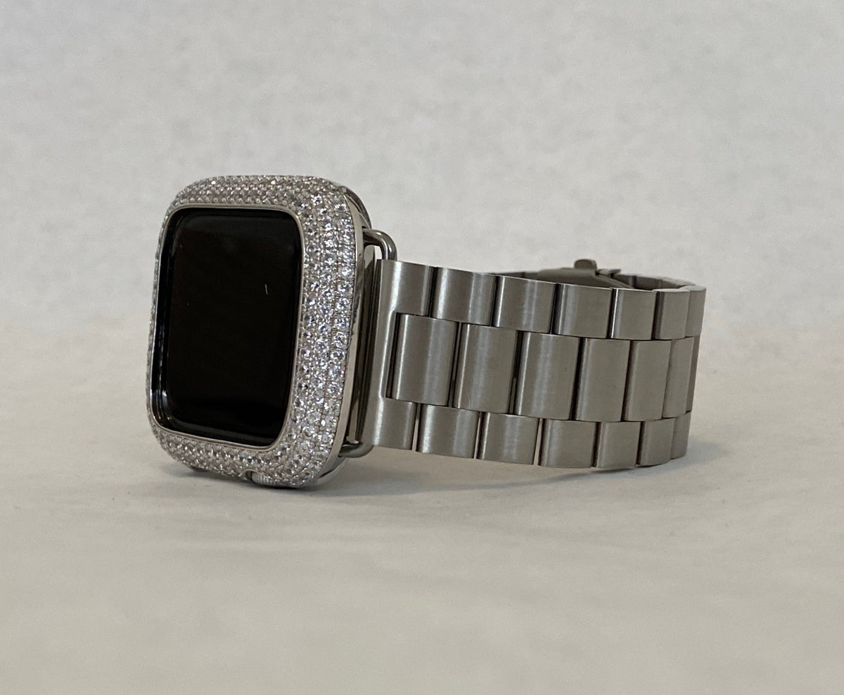 Series 10-12Apple Watch Band Silver Stainless Steel 38mm-49mm Ultra & or Apple Watch Case Lab Diamond Bezel Iphone Watch Cover Bling
