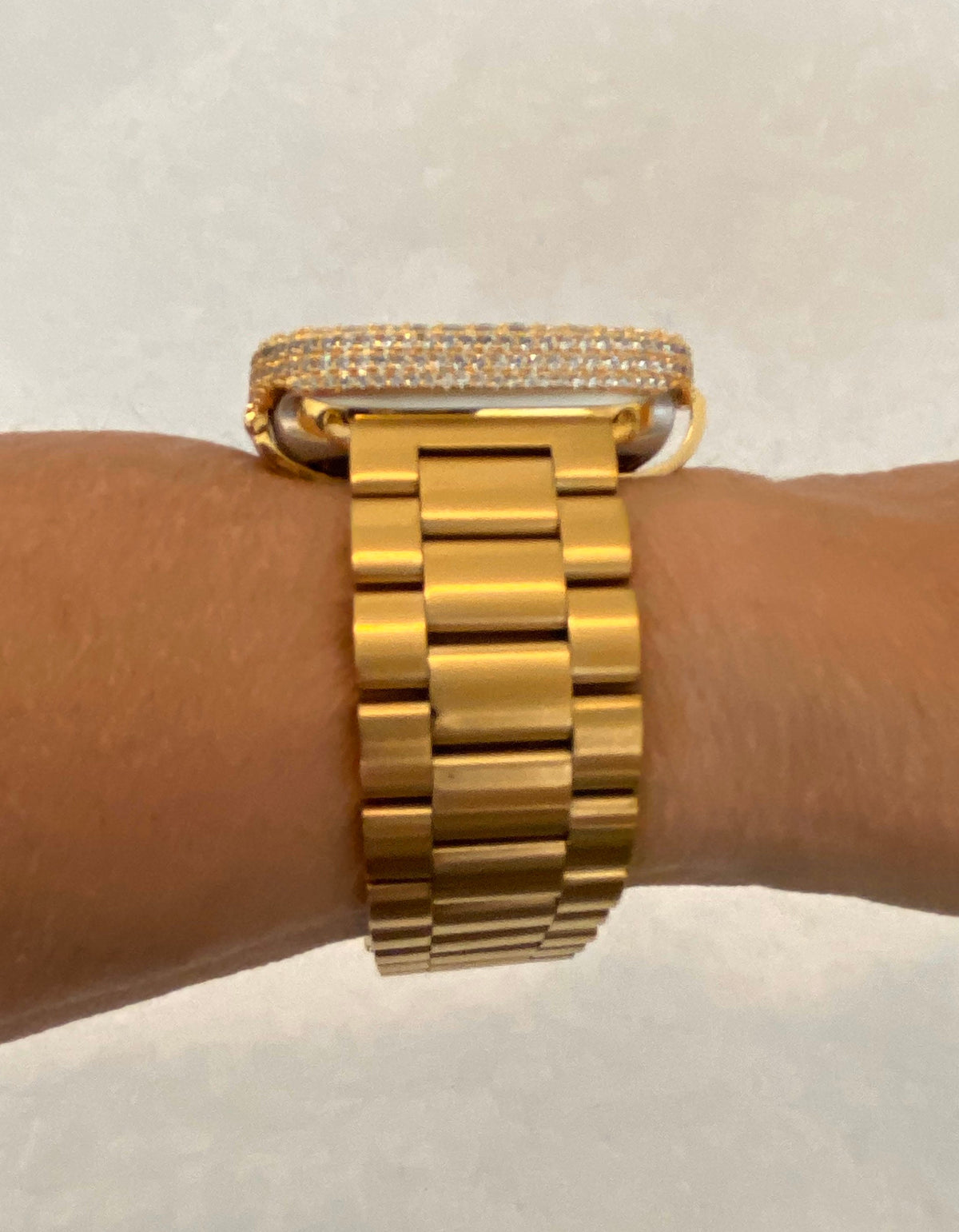 Custom Apple Watch Band Gold Stainless 38mm-49mm Ultra & or Iced Out Lab Diamond Bezel Cover Gift for Him Series 10-11
