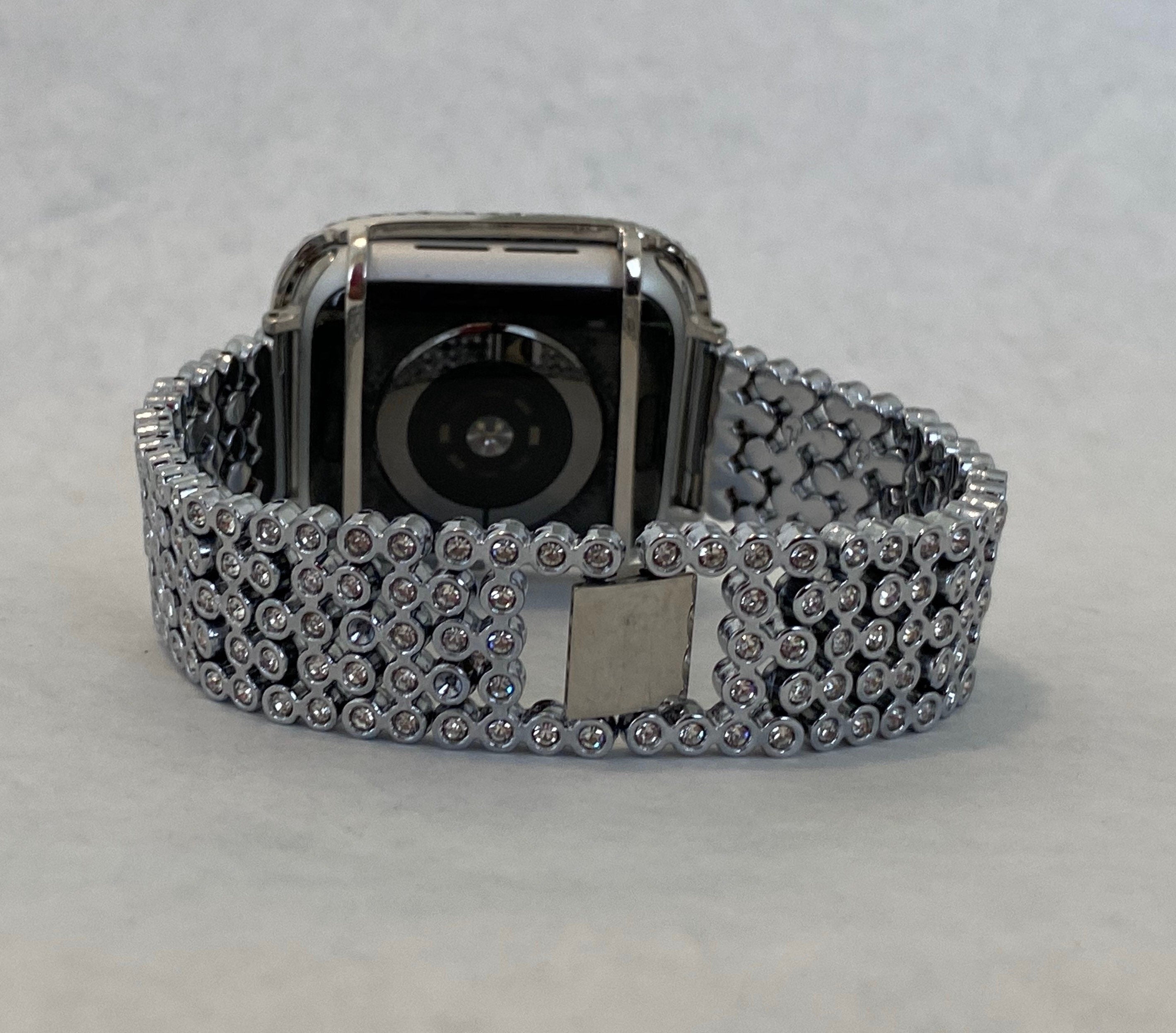 White Gold Apple Watch Band Women Silver & or Lab Diamond Apple Watch Cover Bezel Bling Iwatch Case 38 40 41 42 44 45 49mmm Ultra Series 2-9