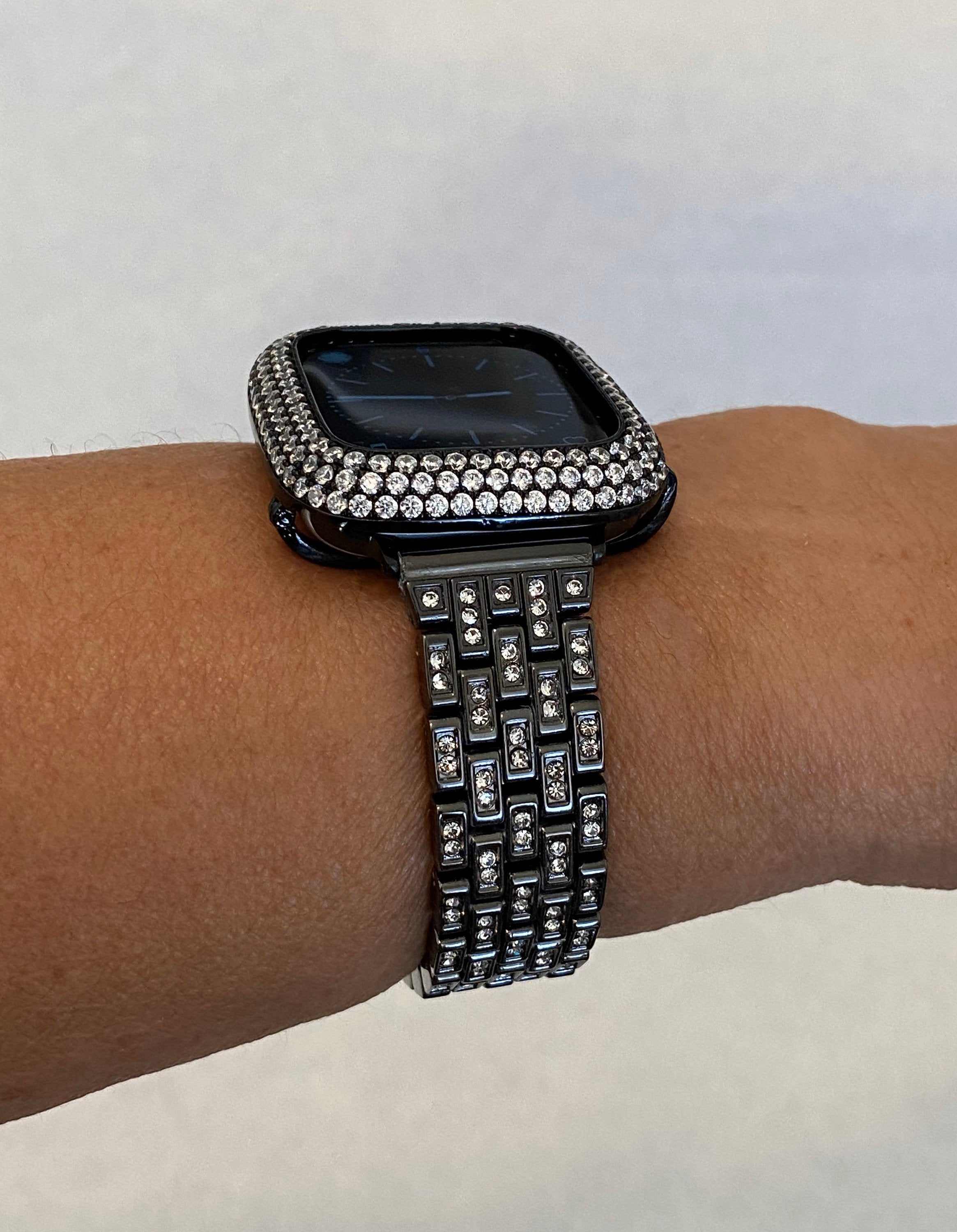 Series 2-9 Black Apple Watch Band Crystals & or Apple Watch Cover Lab Diamond Bezel Apple Watch Case Iwatch Candy Bling 38mm-49mm