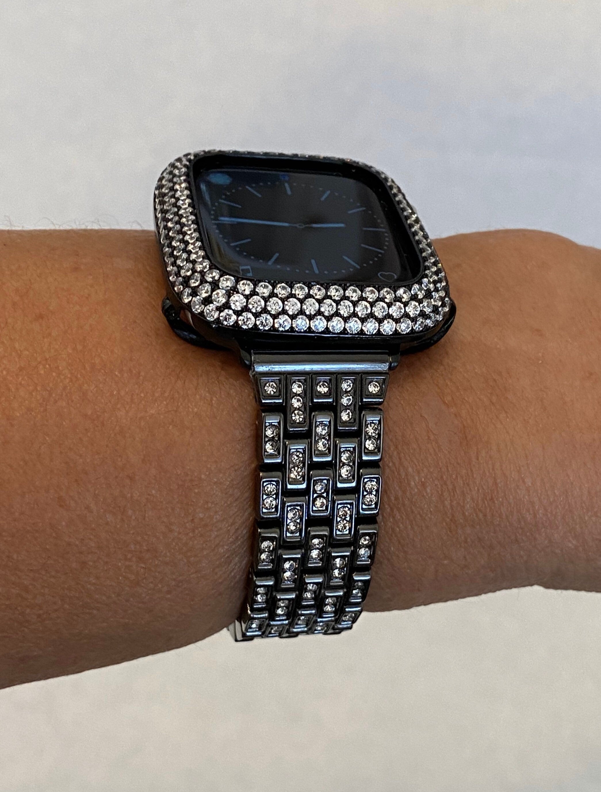 Series 2-9 Black Apple Watch Band Crystals & or Apple Watch Cover Lab Diamond Bezel Apple Watch Case Iwatch Candy Bling 38mm-49mm