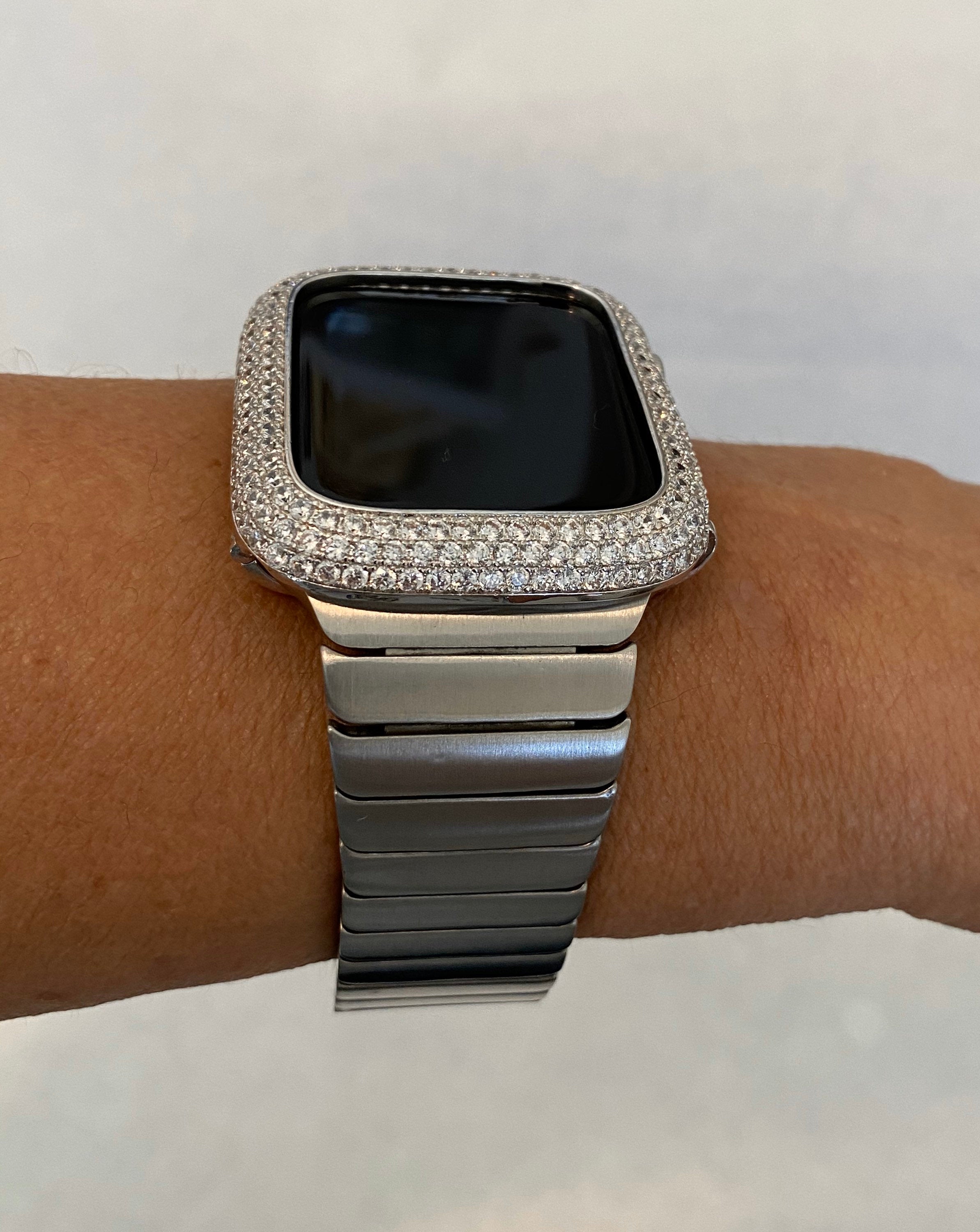 Mens Apple Watch Band Silver 42mm 44mm 45mm 49mm Ultra Stainless Steel and or Apple Watch CoverLab Diamond Bezel Iwatch Bling Series
