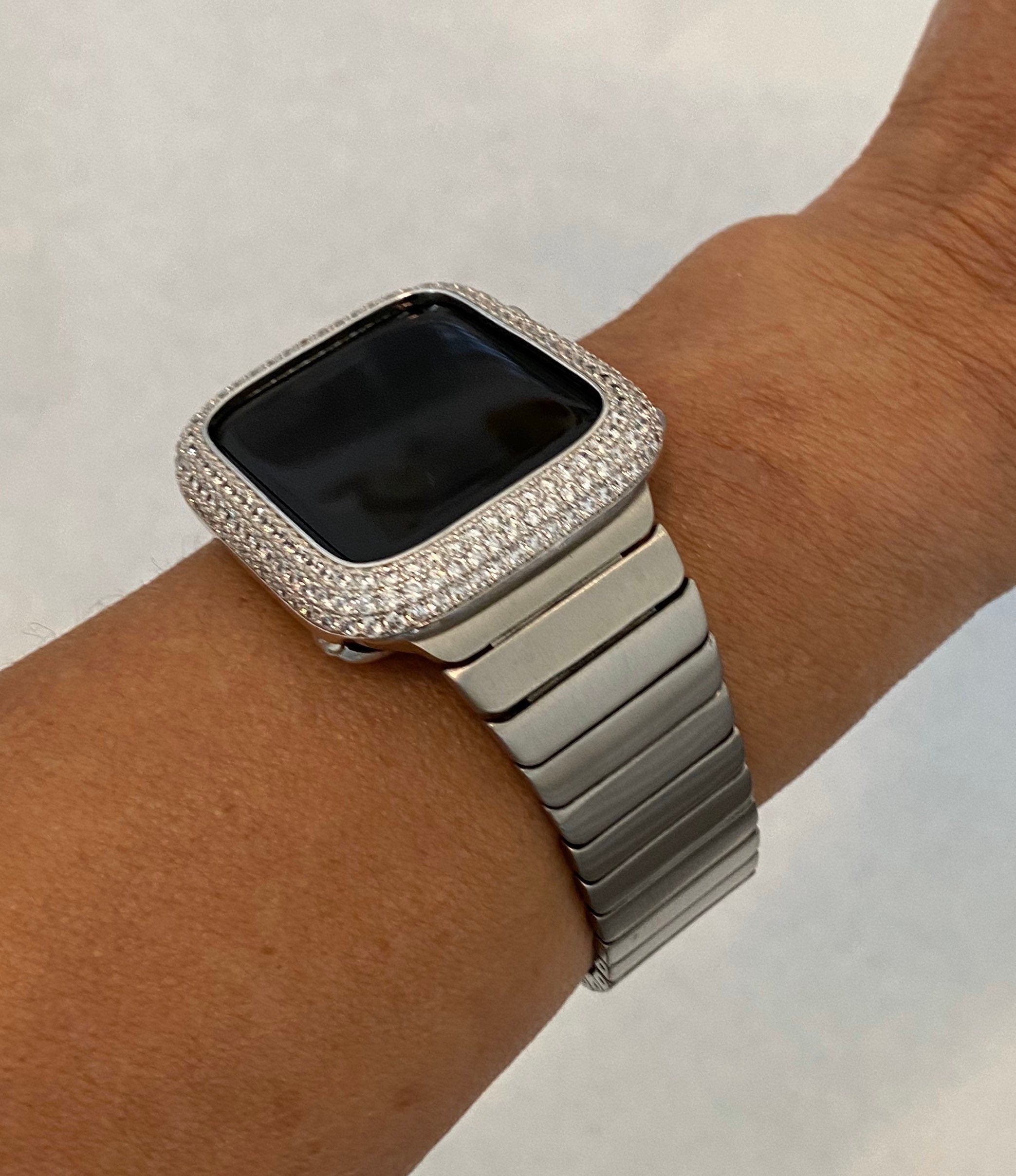 Mens Apple Watch Band Silver 42mm 44mm 45mm 49mm Ultra Stainless Steel and or Apple Watch CoverLab Diamond Bezel Iwatch Bling Series