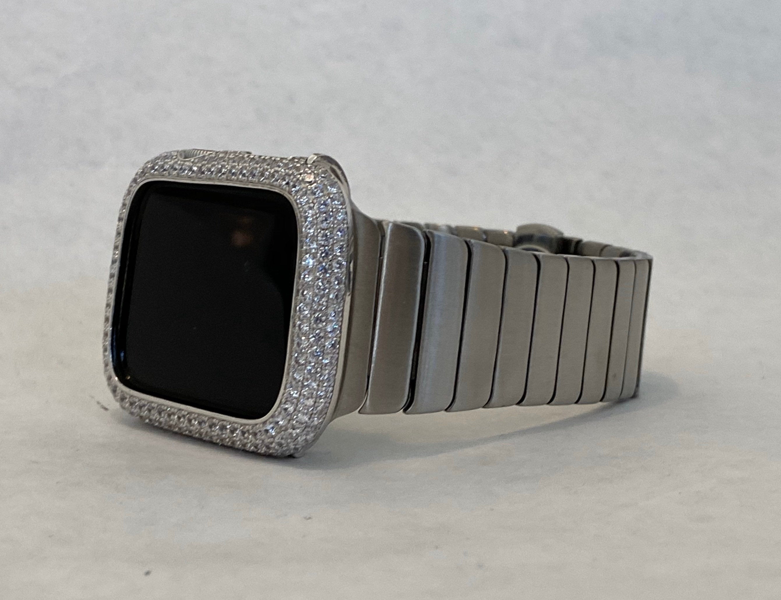 Mens Apple Watch Band Silver 42mm 44mm 45mm 49mm Ultra Stainless Steel and or Apple Watch CoverLab Diamond Bezel Iwatch Bling Series