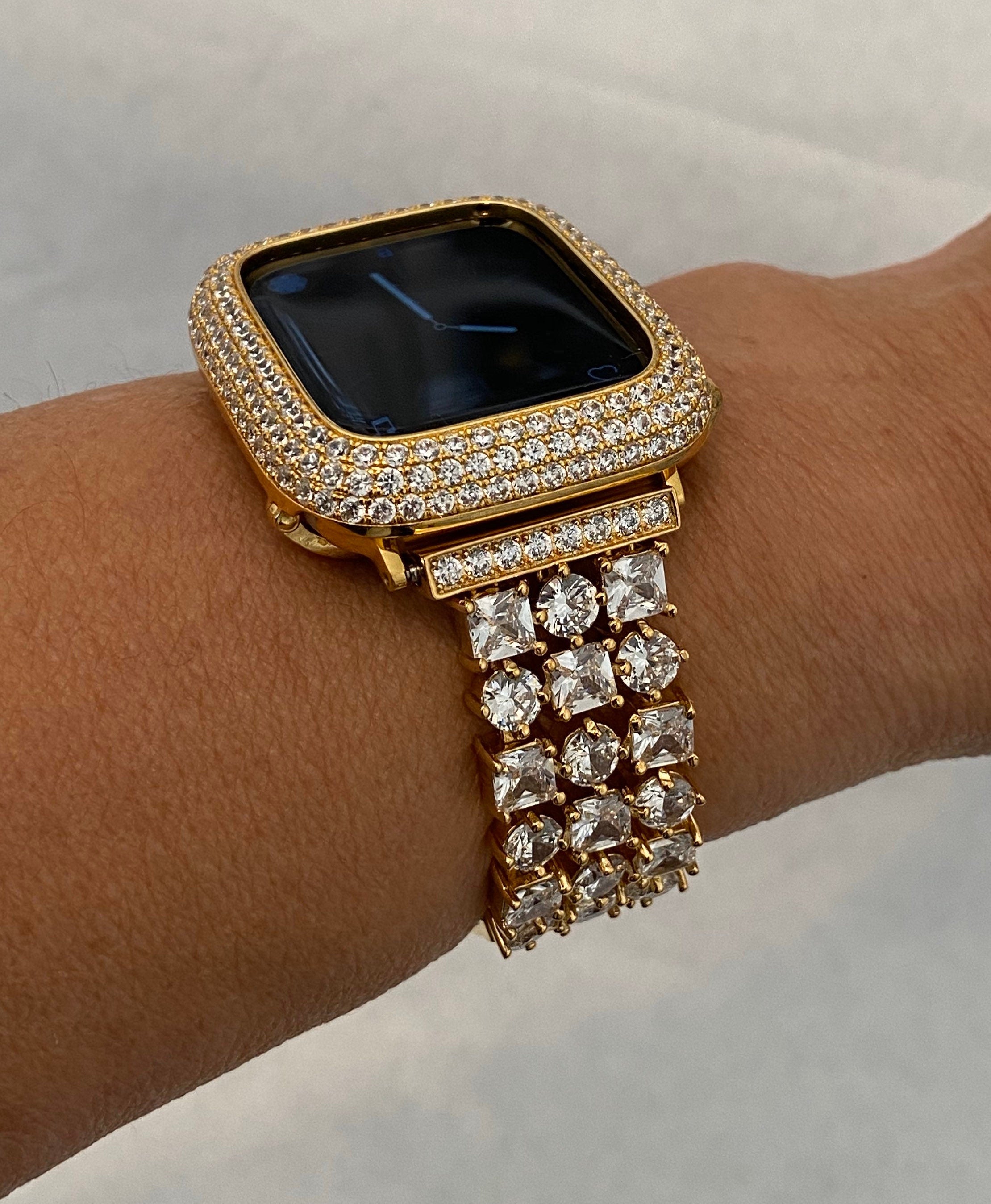 Gold Apple Watch Band Swarovski Crystals 38mm-49mm Ultra & or Apple Watch Cover Lab Diamond Bezel Case Smartwatch Bumper Bling Iwatch Case