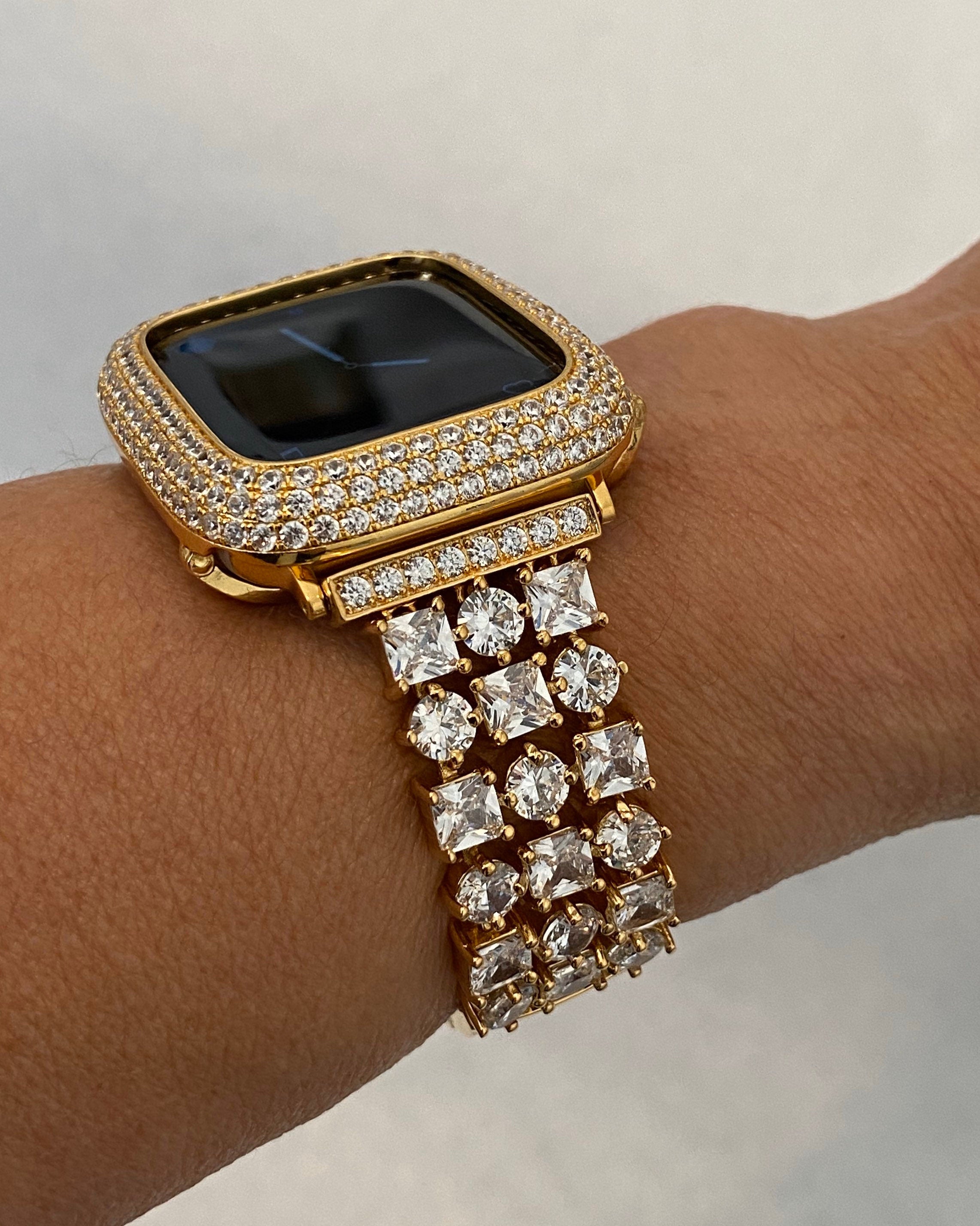Gold Apple Watch Band Swarovski Crystals 38mm-49mm Ultra & or Apple Watch Cover Lab Diamond Bezel Case Smartwatch Bumper Bling Iwatch Case