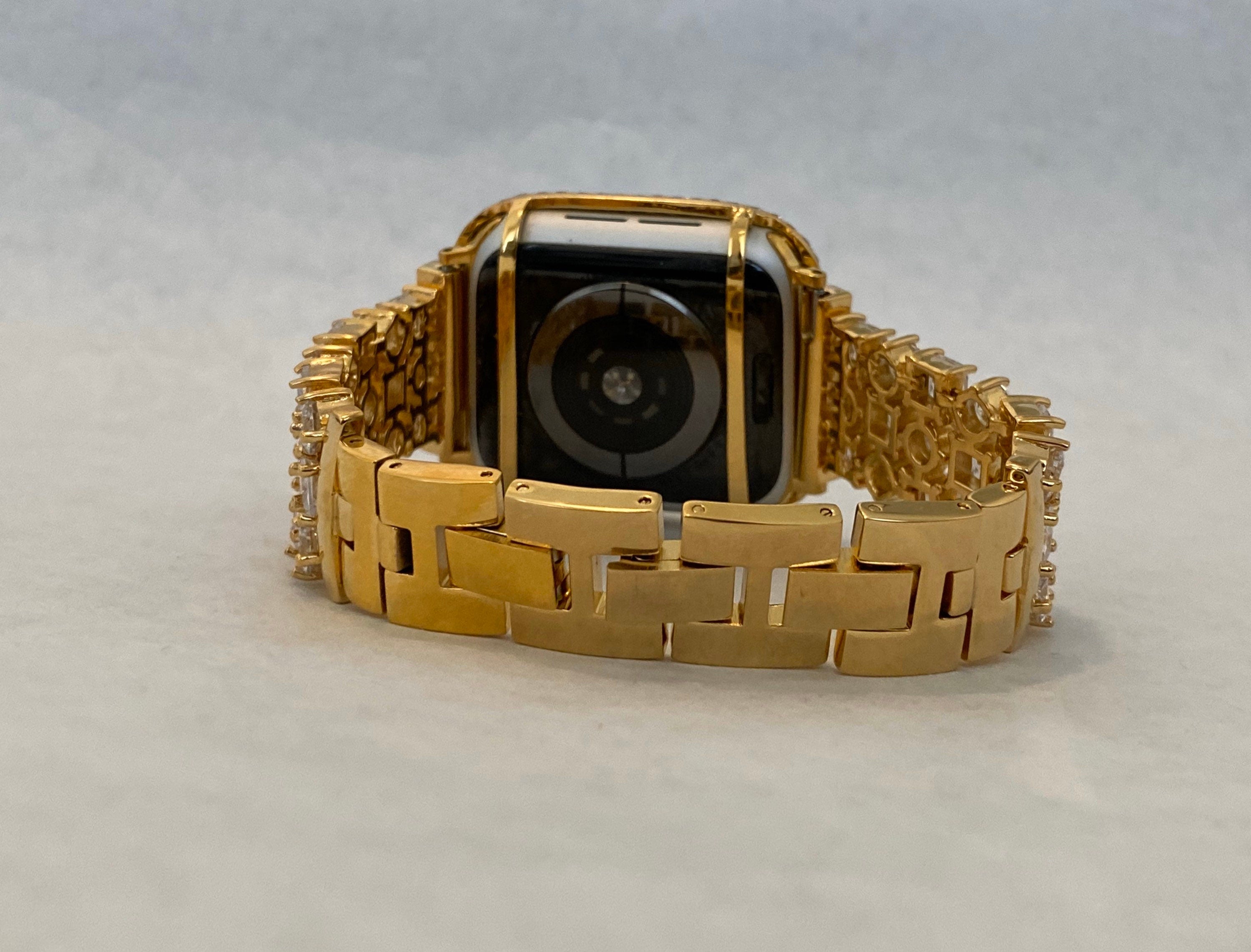 Gold Apple Watch Band Swarovski Crystals 38mm-49mm Ultra & or Apple Watch Cover Lab Diamond Bezel Case Smartwatch Bumper Bling Iwatch Case