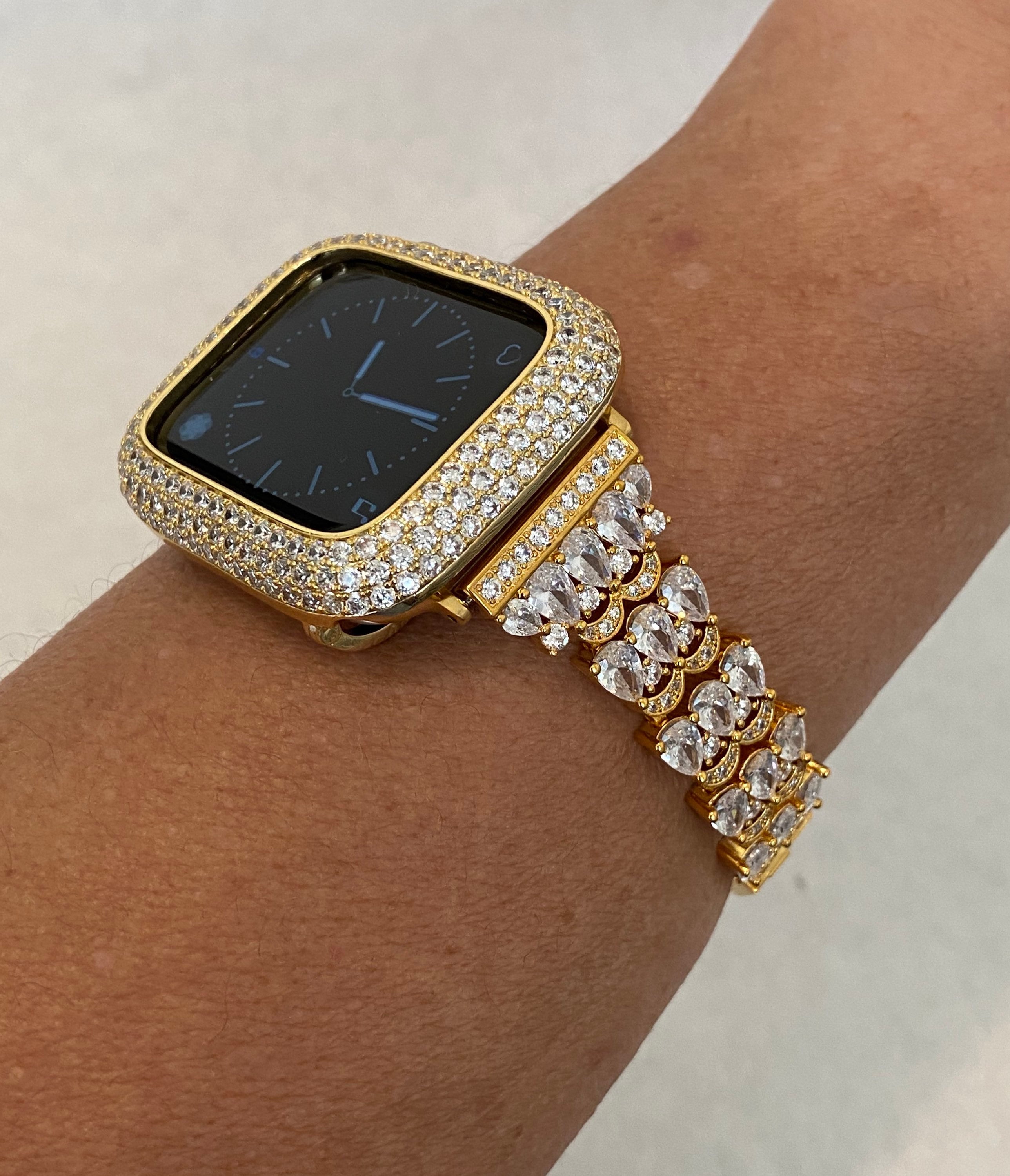 Designer Apple Watch Band Women's Gold Swarovski Crystals & or Pave Apple Watch Cover Lab Diamond Bezel Bumper Bling 38mm-49mm Iwatch Candy