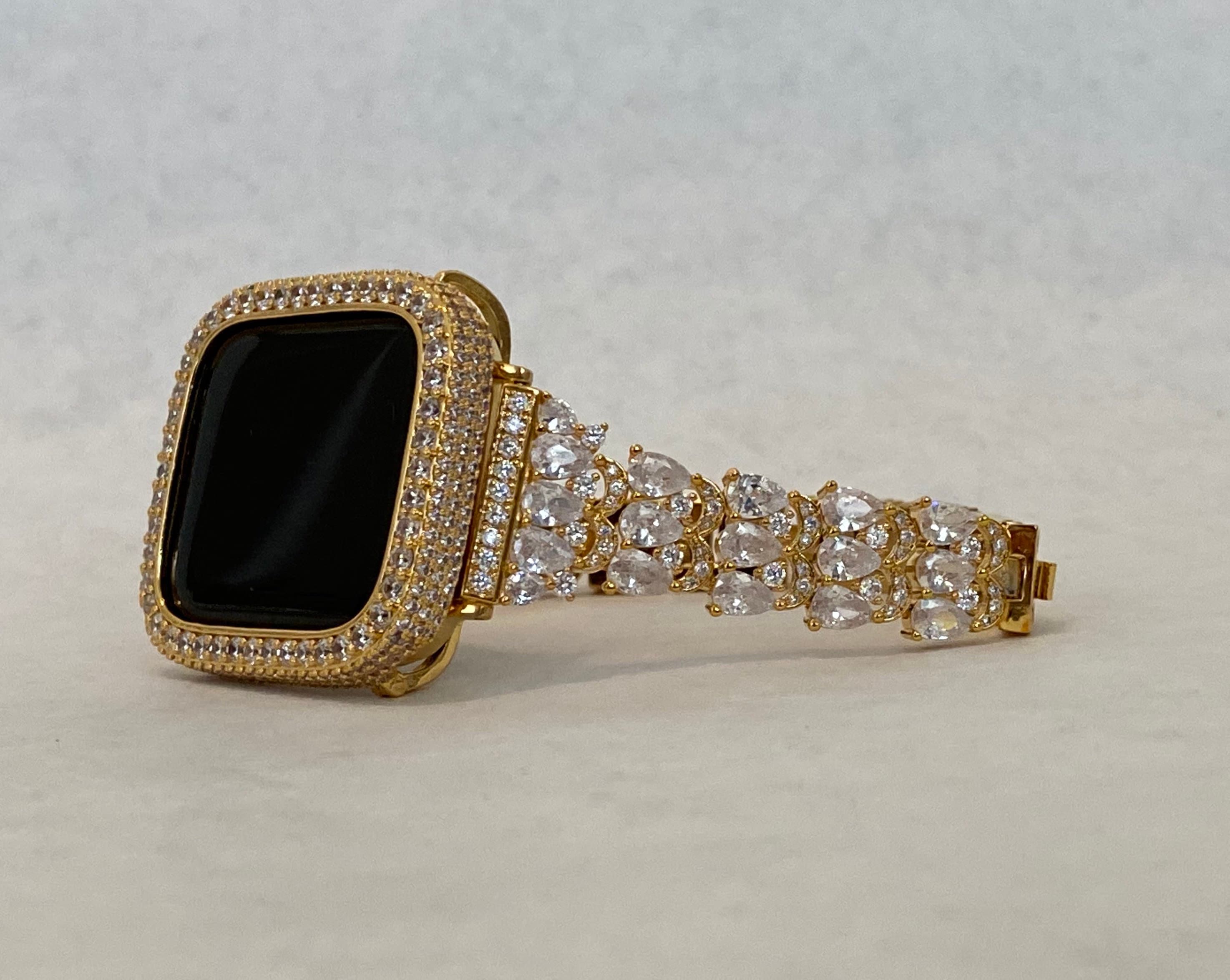 Luxury Apple Watch Band Womens Yellow Gold Swarovski Crystals & or Apple Watch Case for Iphone Watch Lab Diamond Cover 38-49mm Iwatch Candy