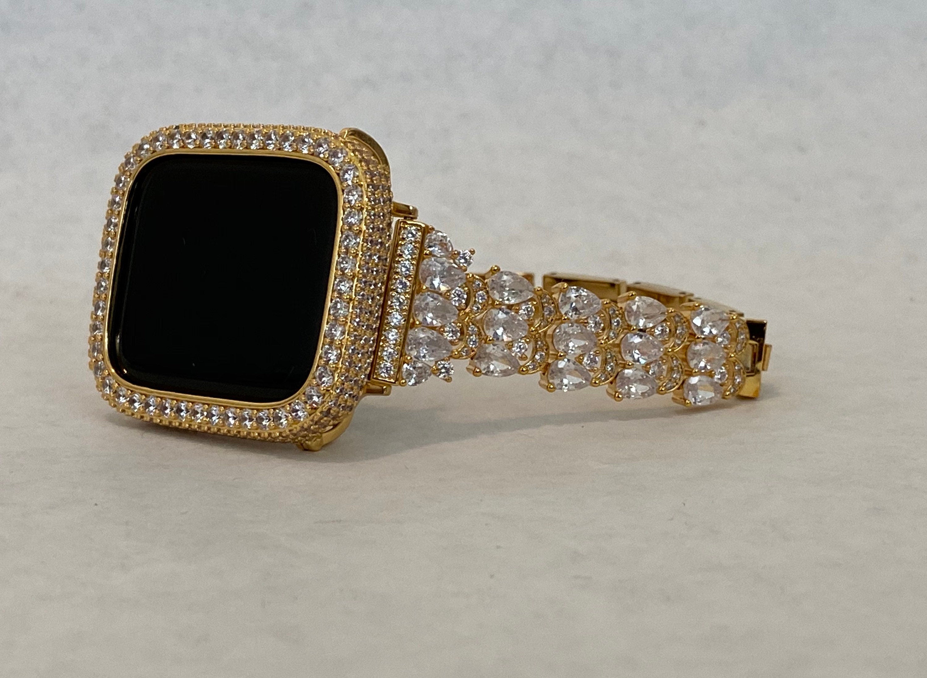 Luxury Apple Watch Band Womens Yellow Gold Swarovski Crystals & or Apple Watch Case for Iphone Watch Lab Diamond Cover 38-49mm Iwatch Candy